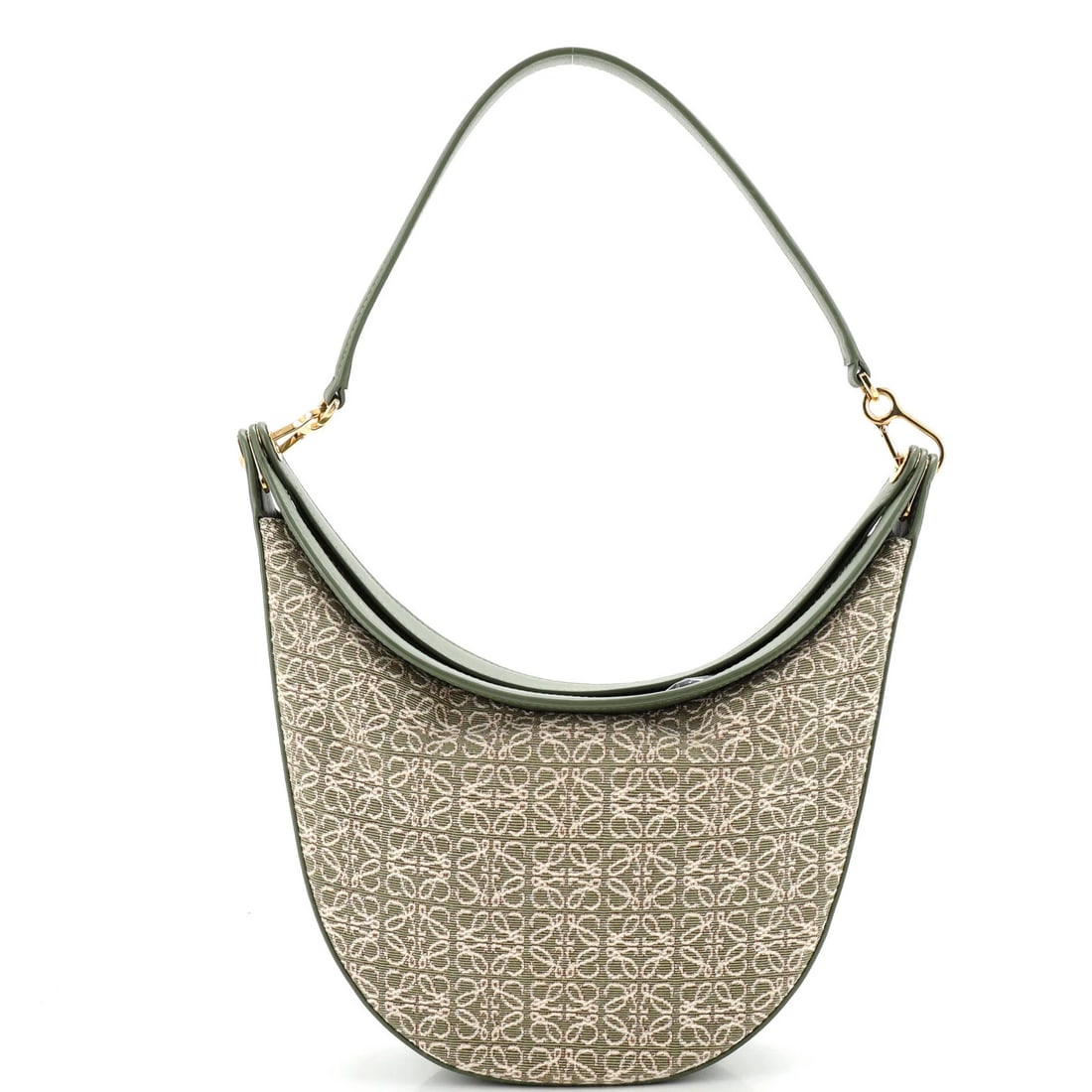 Small Jacquard Hobo Anagram Loewe Luna: Small Jacquard Hobo Anagram Loewe Luna The Loewe Luna Hobo Anagram Jacquard Small features a striking green canvas exterior with plain leather accents, showcasing the brand's signature style. This