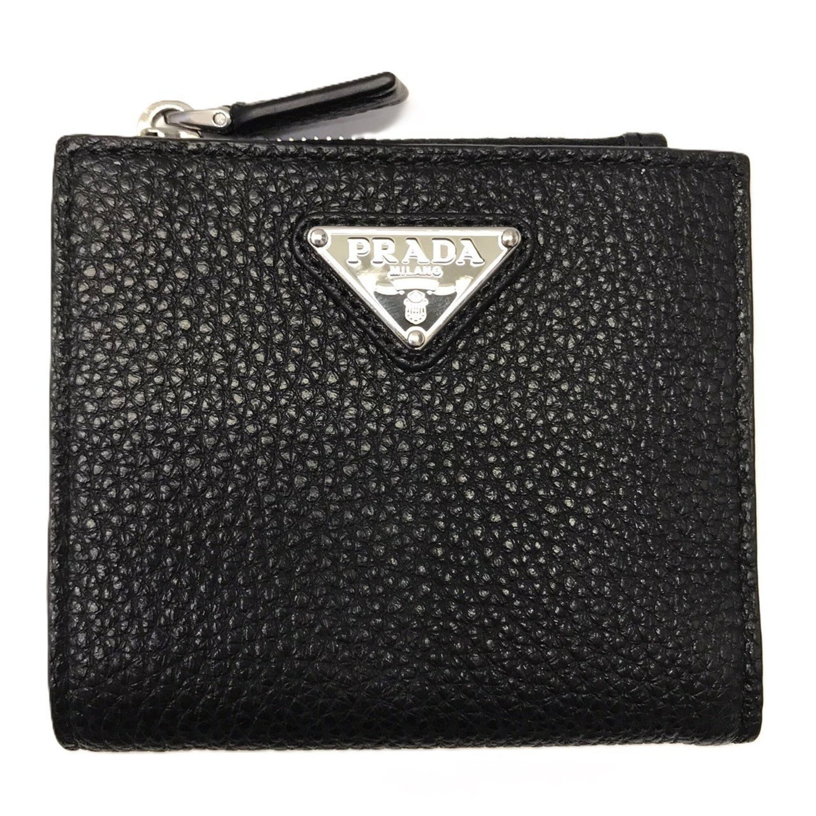 Prada Wallet (Bi-Fold) Leather: Prada Wallet (Bi-Fold) Leather Prada's bi-fold leather wallet features sleek, black calfskin material and a compact design. The wallet measures 9cm x 10cm x 1cm, making it a convenient size for daily 