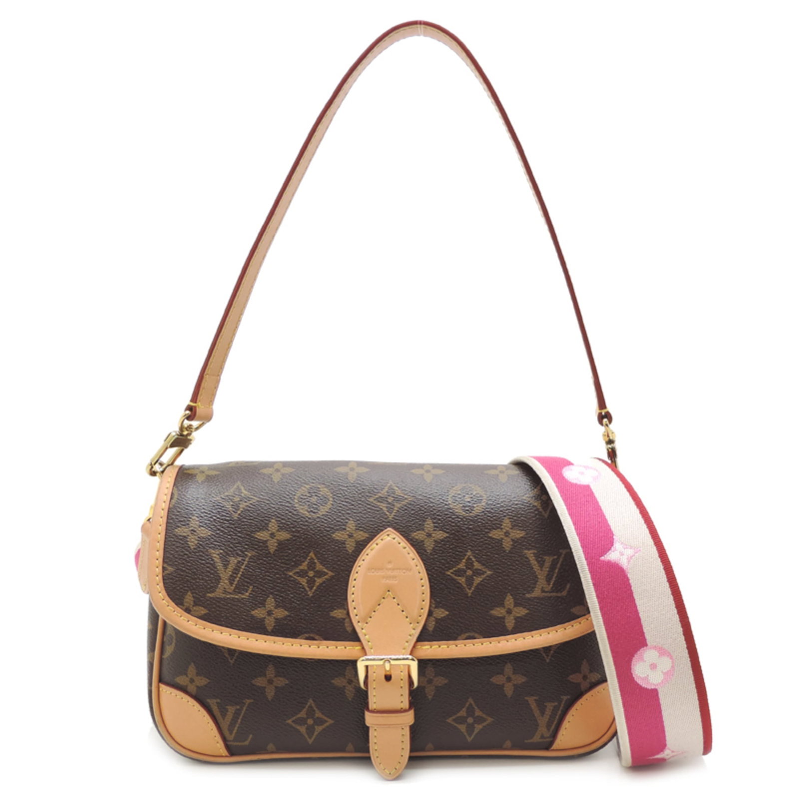 Shoulder Bag Monogram By Louis Vuitton: Shoulder Bag Monogram By Louis Vuitton Brown, Fuchsia, Pink Monogram Shoulder Bag. This Louis Vuitton shoulder bag features the iconic monogram pattern in brown, fuchsia, and pink hues. Measuring 14cm