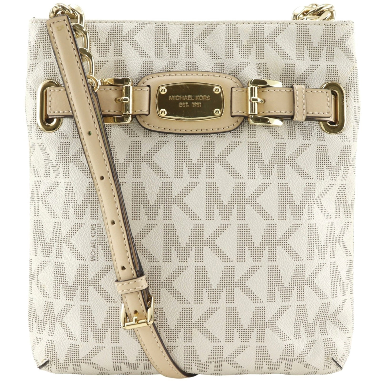 PVC shoulder bag by Michael Kors: PVC shoulder bag by Michael Kors The Michael Kors PVC shoulder bag boasts a sleek, off-white and white color scheme. Made from high-quality PVC material, its compact size measures 24cm x 22cm x 6cm.