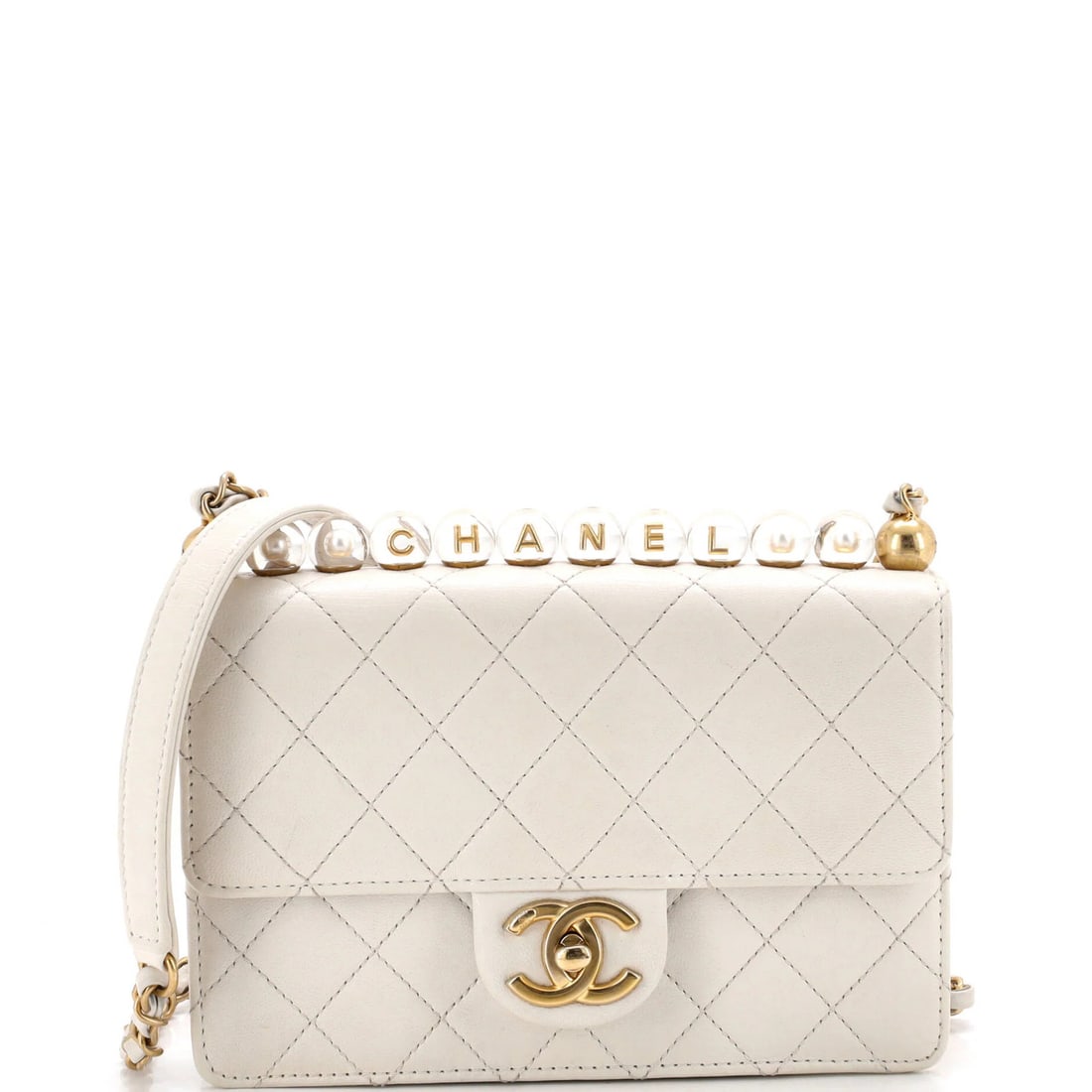 Chic Quilted Flap Bag Pearls Acrylic Goatskin Small: Chic Quilted Flap Bag Pearls Acrylic Goatskin Small Chic and sophisticated, this quilted flap bag features a neutral exterior with minor scuffs, creases, and edge wear. The interior boasts a luxurious