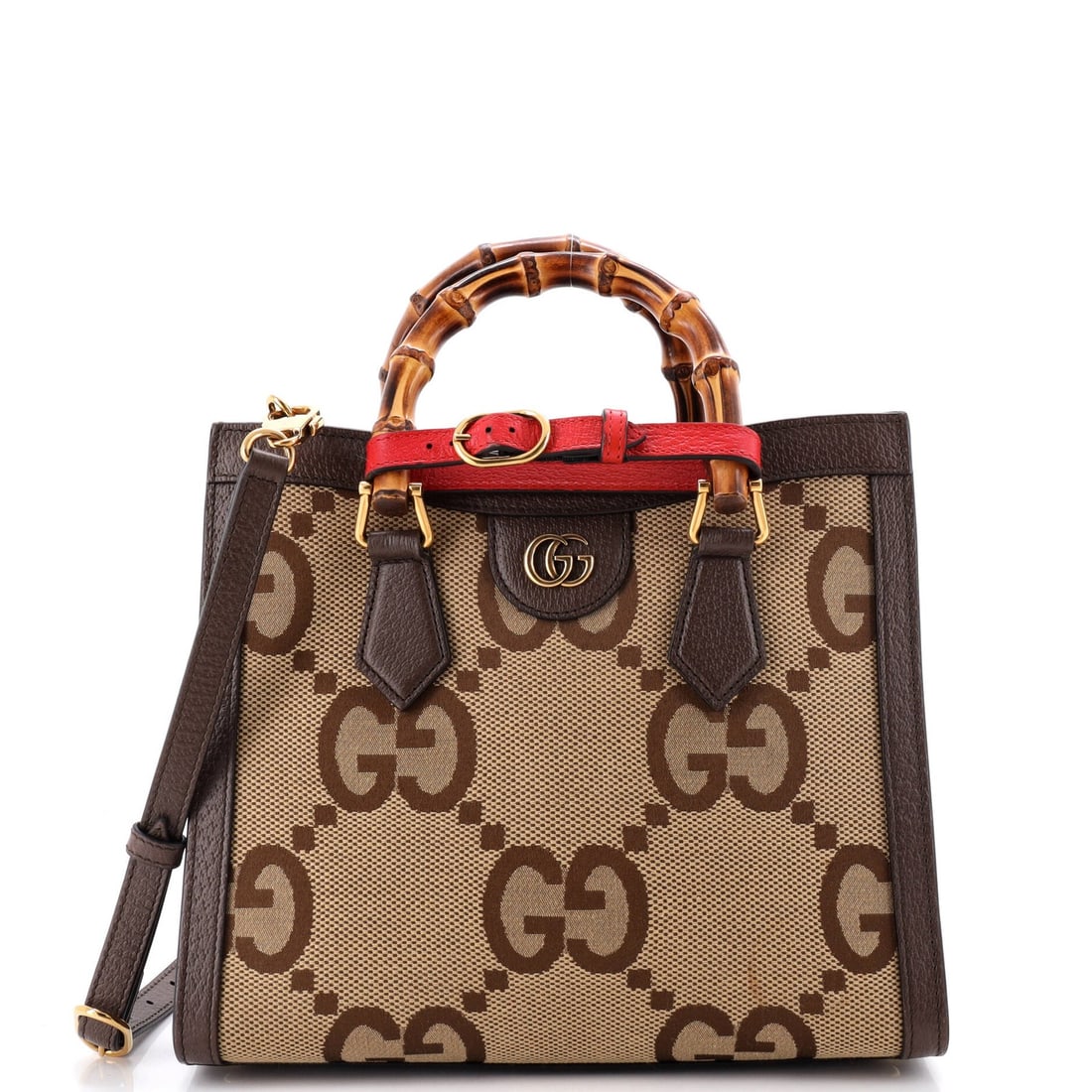 Gucci Small Bamboo Handle Tote NM Jumbo GG Canvas Diana: Gucci Small Bamboo Handle Tote NM Jumbo GG Canvas Diana Small Gucci Bamboo Handle Tote in Brown with Gray Interior, featuring Jumbo GG Canvas and Gold Hardware. This Very Good condition Small Diana to