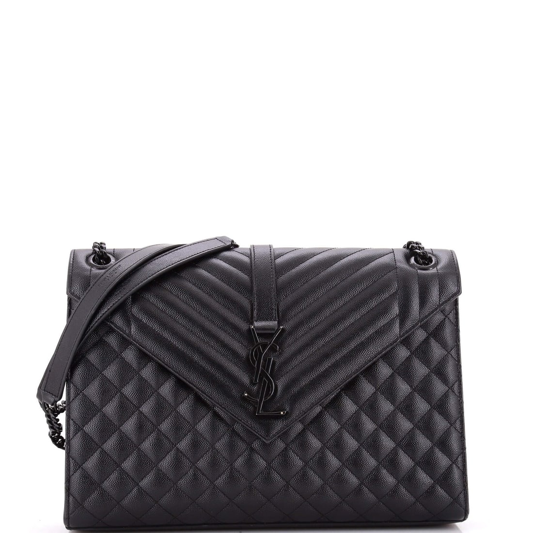 Mixed Matelasse Leather Large Saint Laurent Classic Monogram Satchel Envelope: Mixed Matelasse Leather Large Saint Laurent Classic Monogram Satchel Envelope Large Saint Laurent Classic Monogram Satchel Envelope in mixed matelasse leather, featuring a black exterior and gold hard