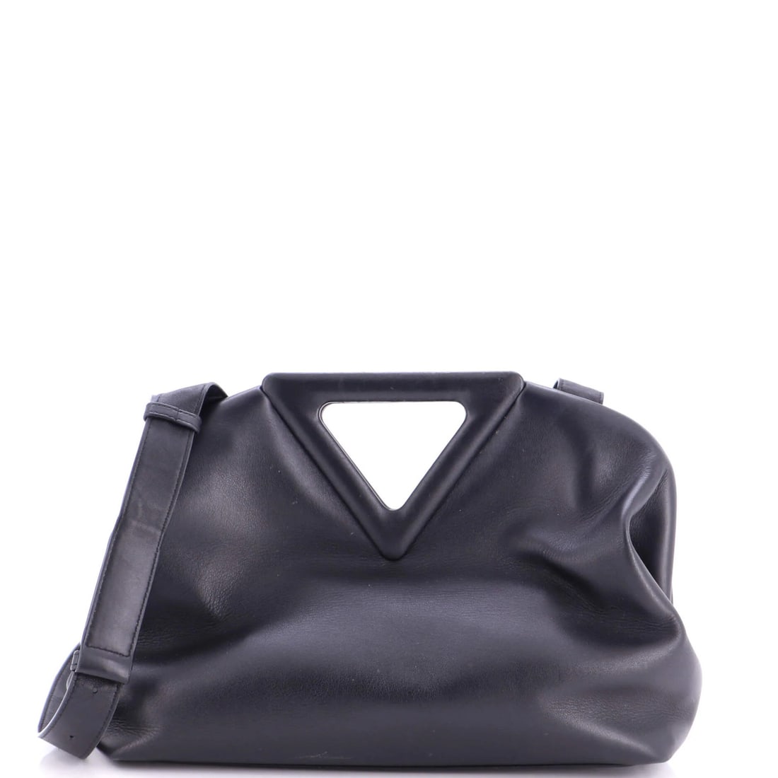 Shoulder Bag in Leather Medium from Bottega Veneta: Shoulder Bag in Leather Medium from Bottega Veneta Black leather shoulder bag with medium size, featuring point shoulder design and silver hardware. The exterior shows signs of wear, including scuffs,