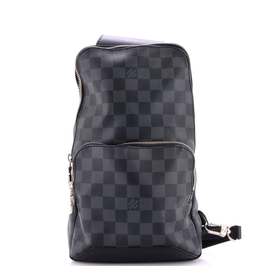Louis Vuitton Avenue Sling Damier Graphite: Louis Vuitton Avenue Sling Damier Graphite Black Louis Vuitton Avenue Sling Bag with Damier Graphite Pattern, featuring heavy corner wear and minor scuffs on the exterior. The bag's canvas-coated exte
