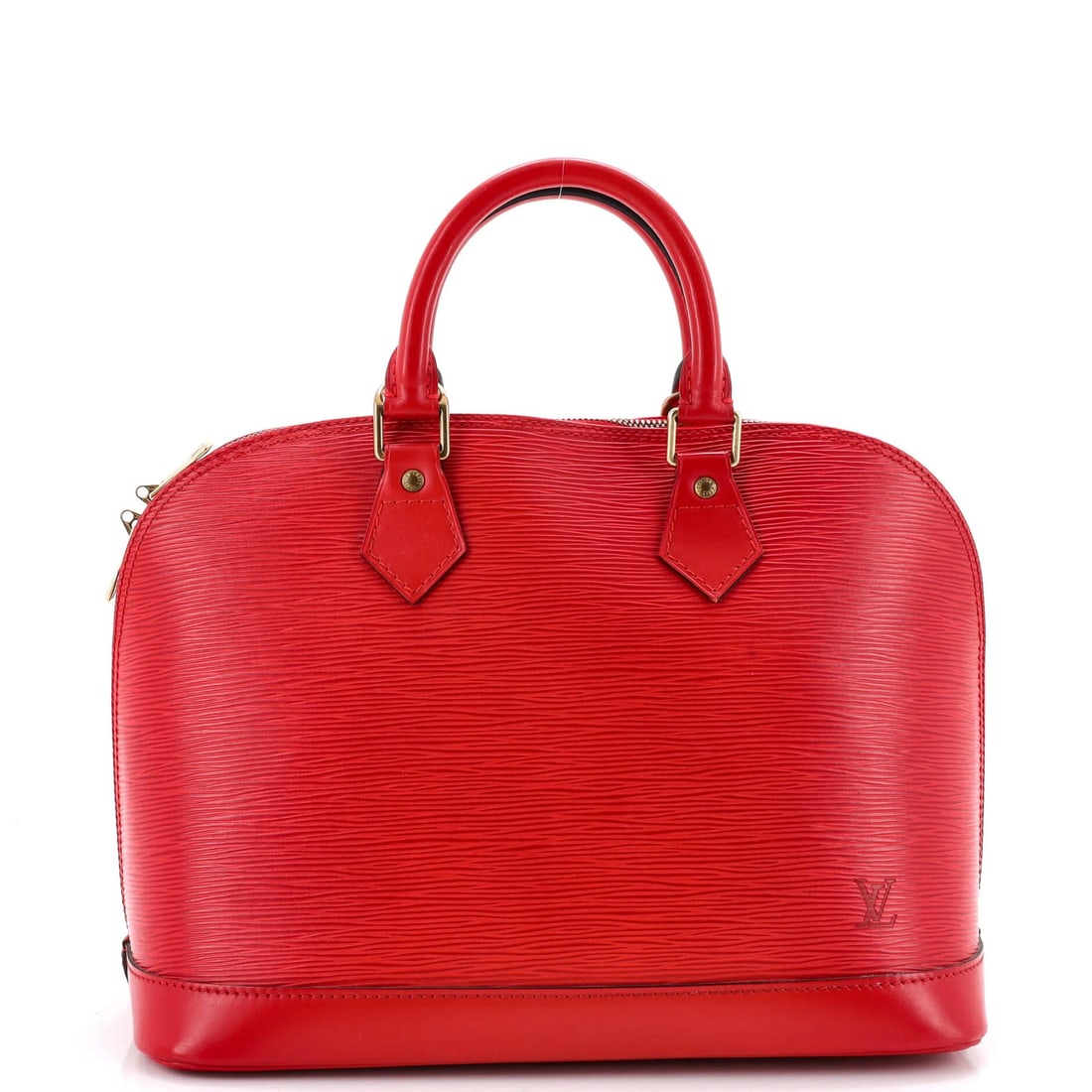 Louis Vuitton Vintage Alma Handbag Epi Leather PM: Louis Vuitton Vintage Alma Handbag Epi Leather PM Red Louis Vuitton Alma Handbag Epi Leather PM features scuffs, edge wear, and minor creases on its exterior. The interior is made of microfiber in a m