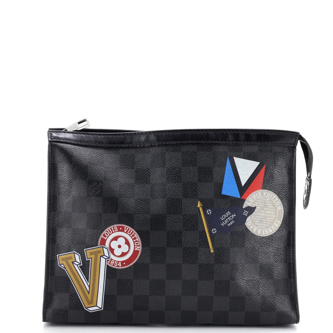 Louis Vuitton Pochette Voyage Limited Edition Damier Graphite LV League MM: Louis Vuitton Pochette Voyage Limited Edition Damier Graphite LV League MM Black canvas coated Pochette Voyage Limited Edition Damier Graphite LV League MM handbag features a striking black exterior w