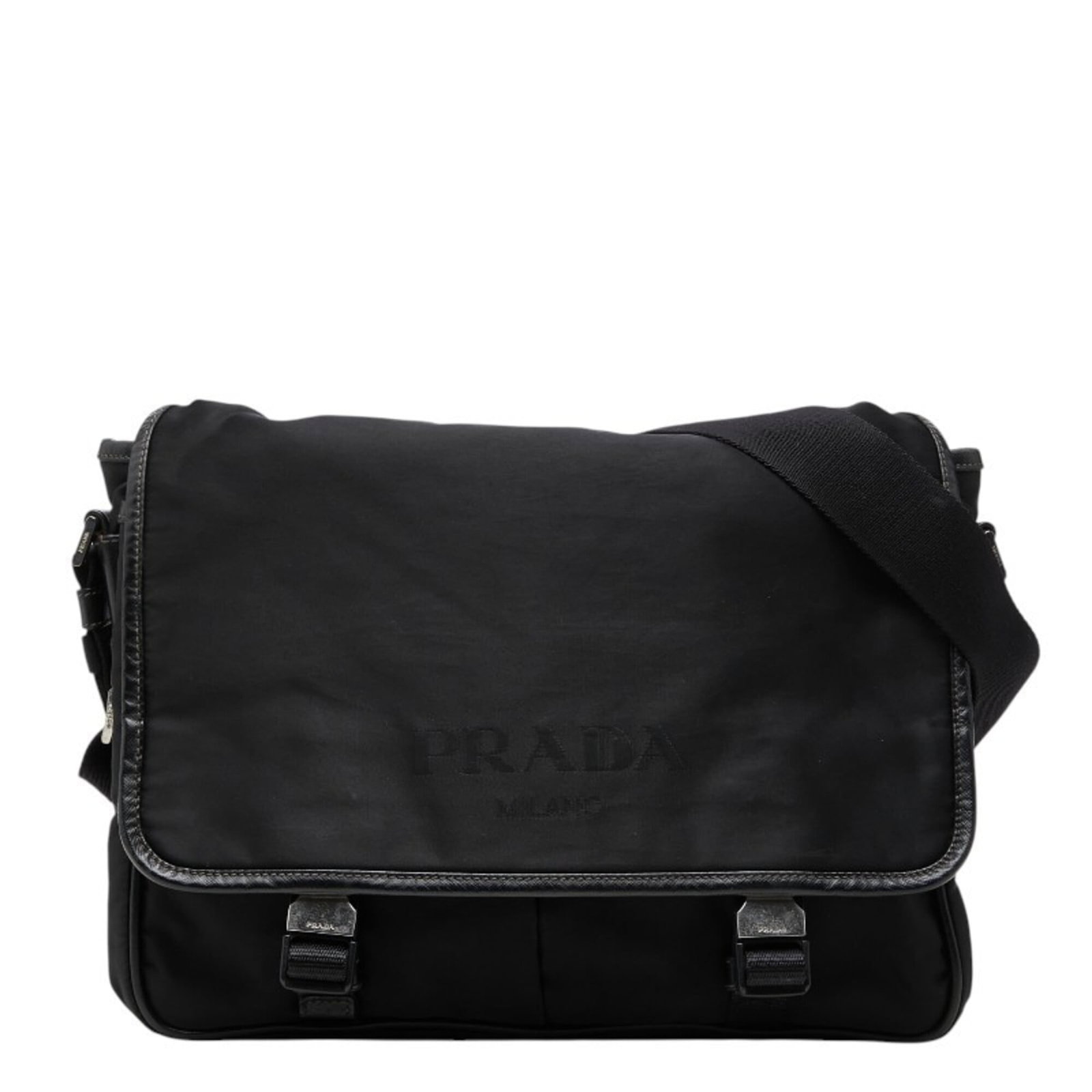 Nylon Leather Prada Messenger Bag Shoulder Bag: Nylon Leather Prada Messenger Bag Shoulder Bag Nylon and leather Prada Messenger Bag with sleek design, black color, and compact size. This shoulder bag measures 24cm x 30cm x 13cm and features a stur