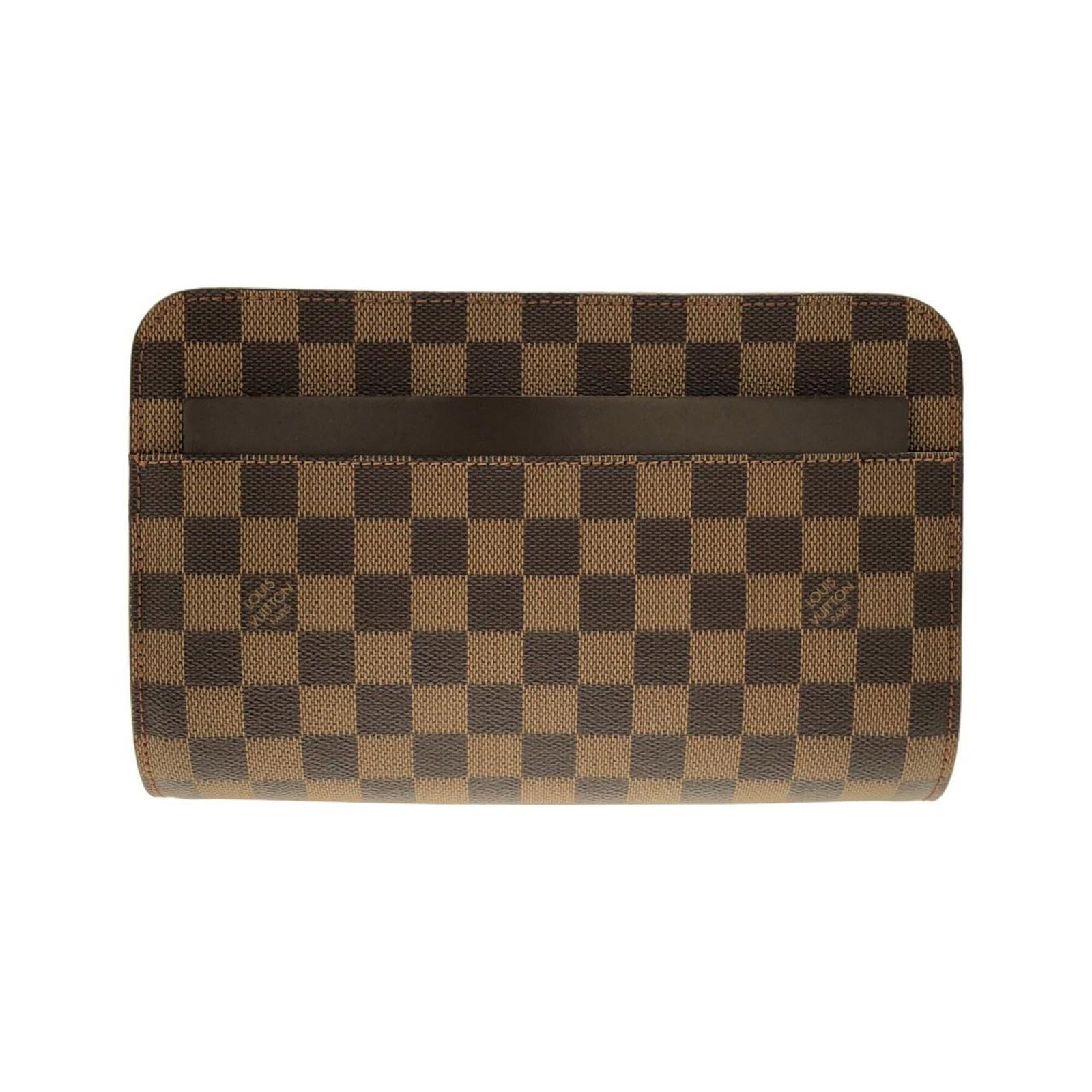 Canvas coated clutch bag by Louis Vuitton: Canvas coated clutch bag by Louis Vuitton Coated canvas, Ebene color, gold hardware define the sleek design of this Louis Vuitton clutch bag. With its compact size and durable construction, it's perfe