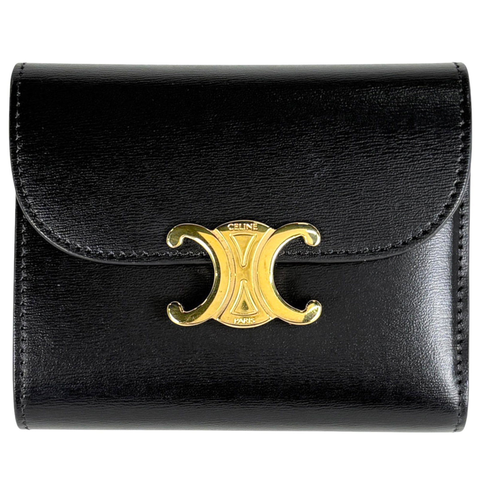 Celine Wallet (Tri-Fold) Leather: Celine Wallet (Tri-Fold) Leather Black tri-fold leather wallet from Celine, measuring 8.5cm x 10.5cm x 2.5cm. This sleek and compact design features high-quality leather construction, making it a styl