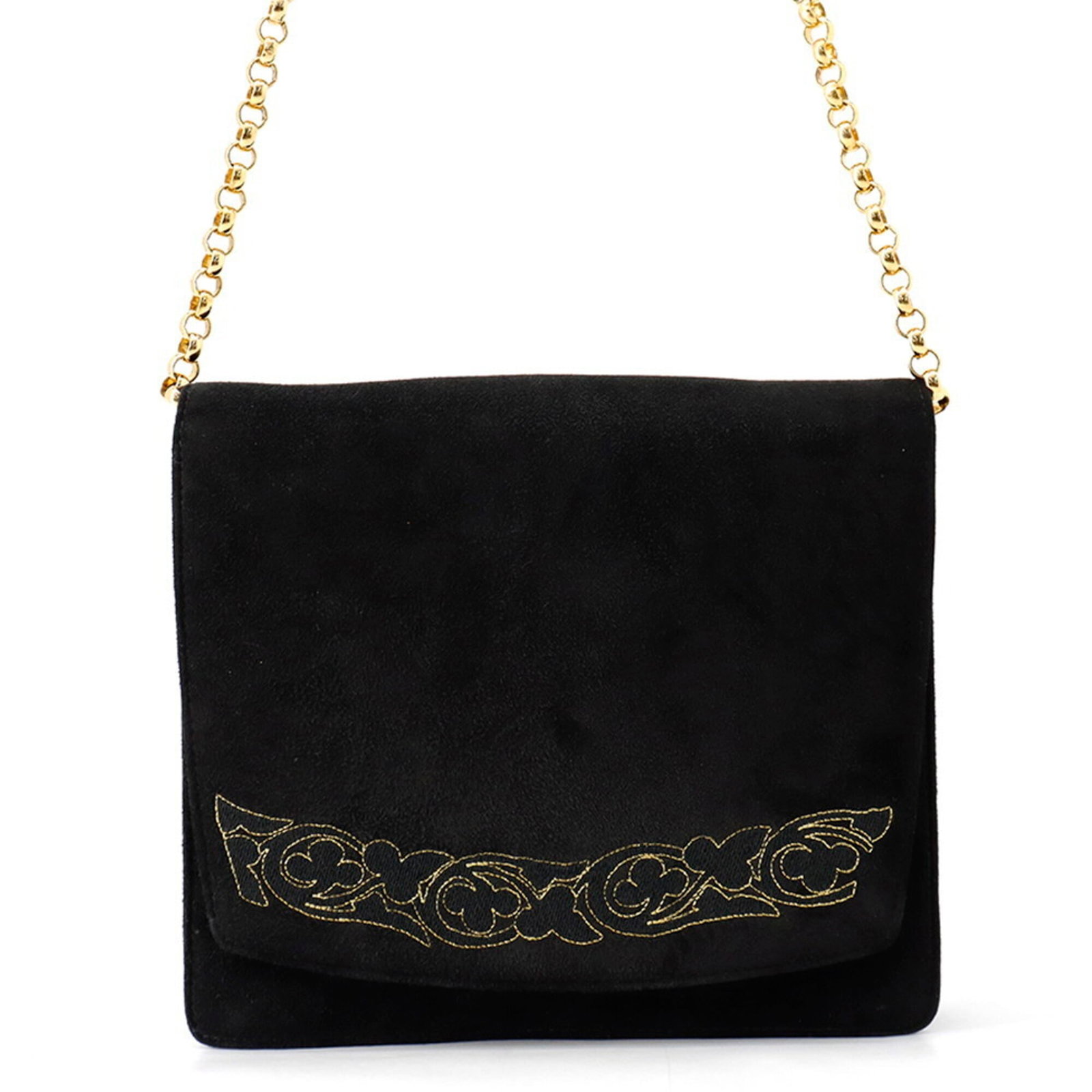 Ferragamo Salvatore Shoulder Bag Suede: Ferragamo Salvatore Shoulder Bag Suede Suede shoulder bag with gold hardware and a sleek black finish. Measuring 18cm x 20.5cm x 4cm, it features a flap closure and adjustable strap length of 105cm. W