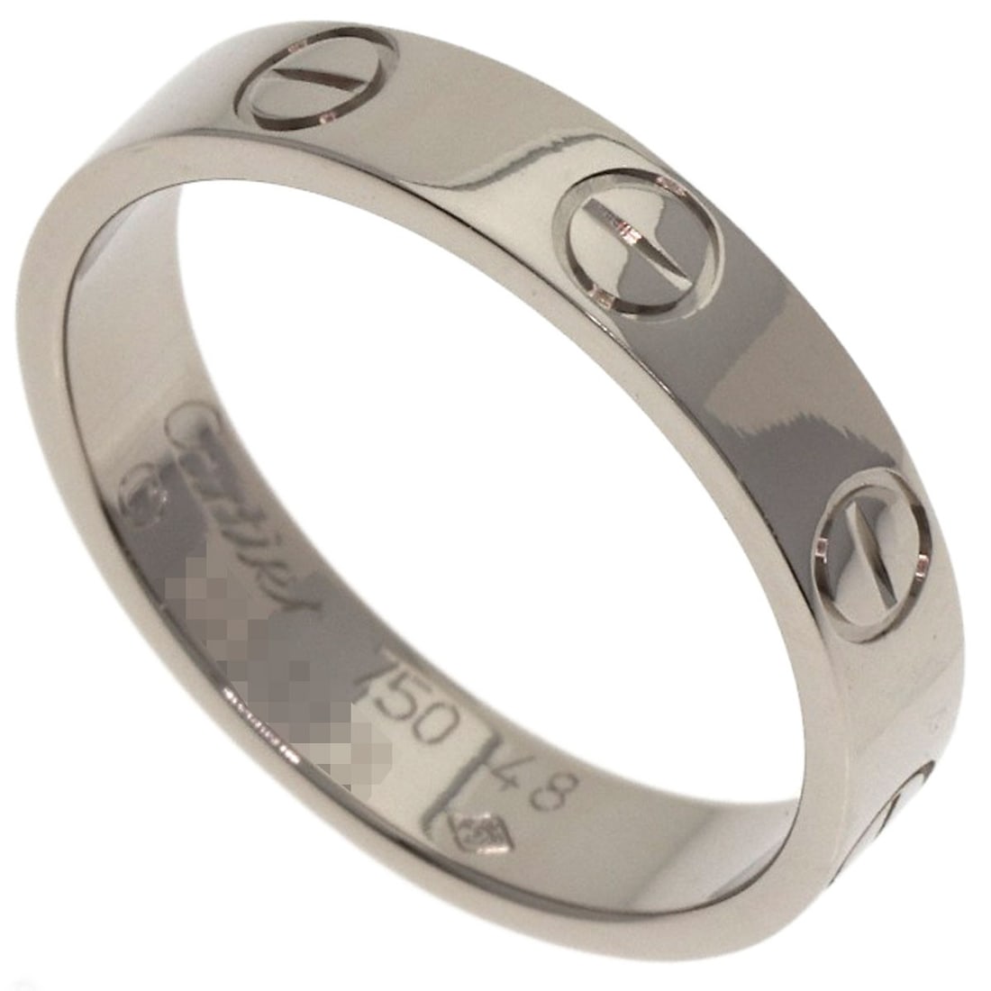 K18 White Gold Cartier Mini Love Ring: K18 White Gold Cartier Mini Love Ring K18 White Gold Cartier Mini Love Ring features a sleek design with K18 white gold material, showcasing its purity. This ring has a silver metal exterior and measu