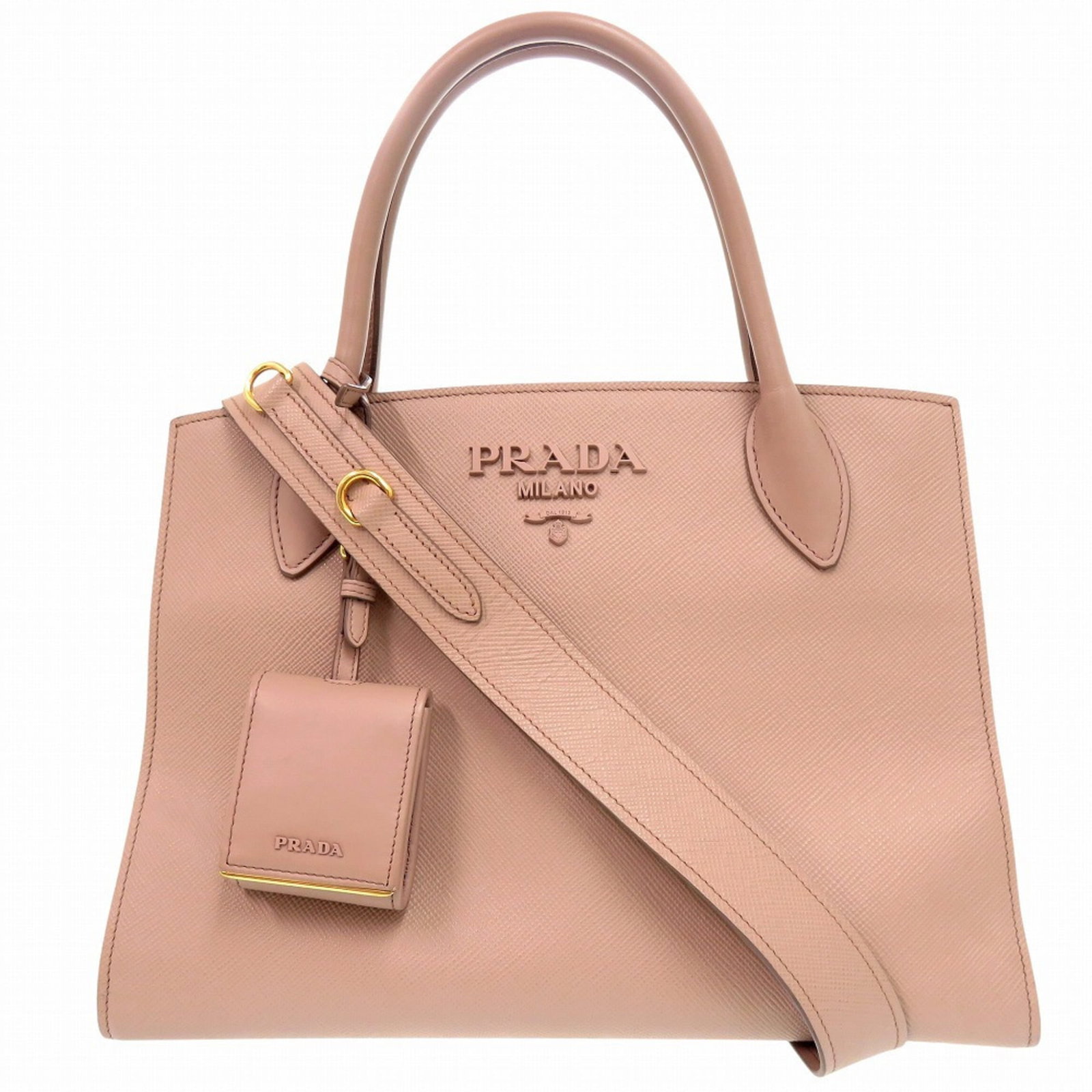 Handbag Leather Saffiano by Prada: Handbag Leather Saffiano by Prada Saffiano leather handbag in pink beige from Prada, featuring a classic design with dimensions 23.5cm x 33cm x 15cm. Made from high-quality Saffiano leather, known for