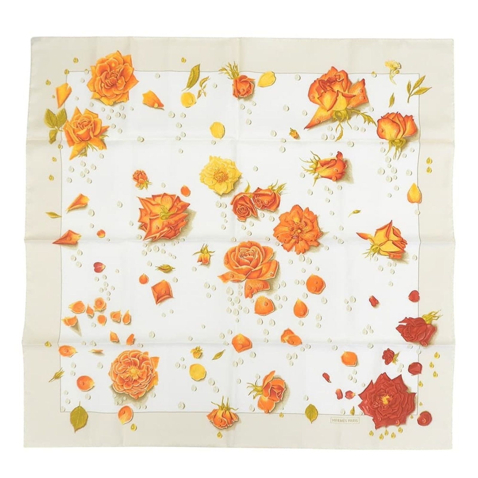 Hermes Silk Scarf: Hermes Silk Scarf Silk scarf from renowned French fashion house Hermes, featuring a light beige background with vibrant orange and red accents. Measuring 88cm x 88cm, this high-quality silk scarf show