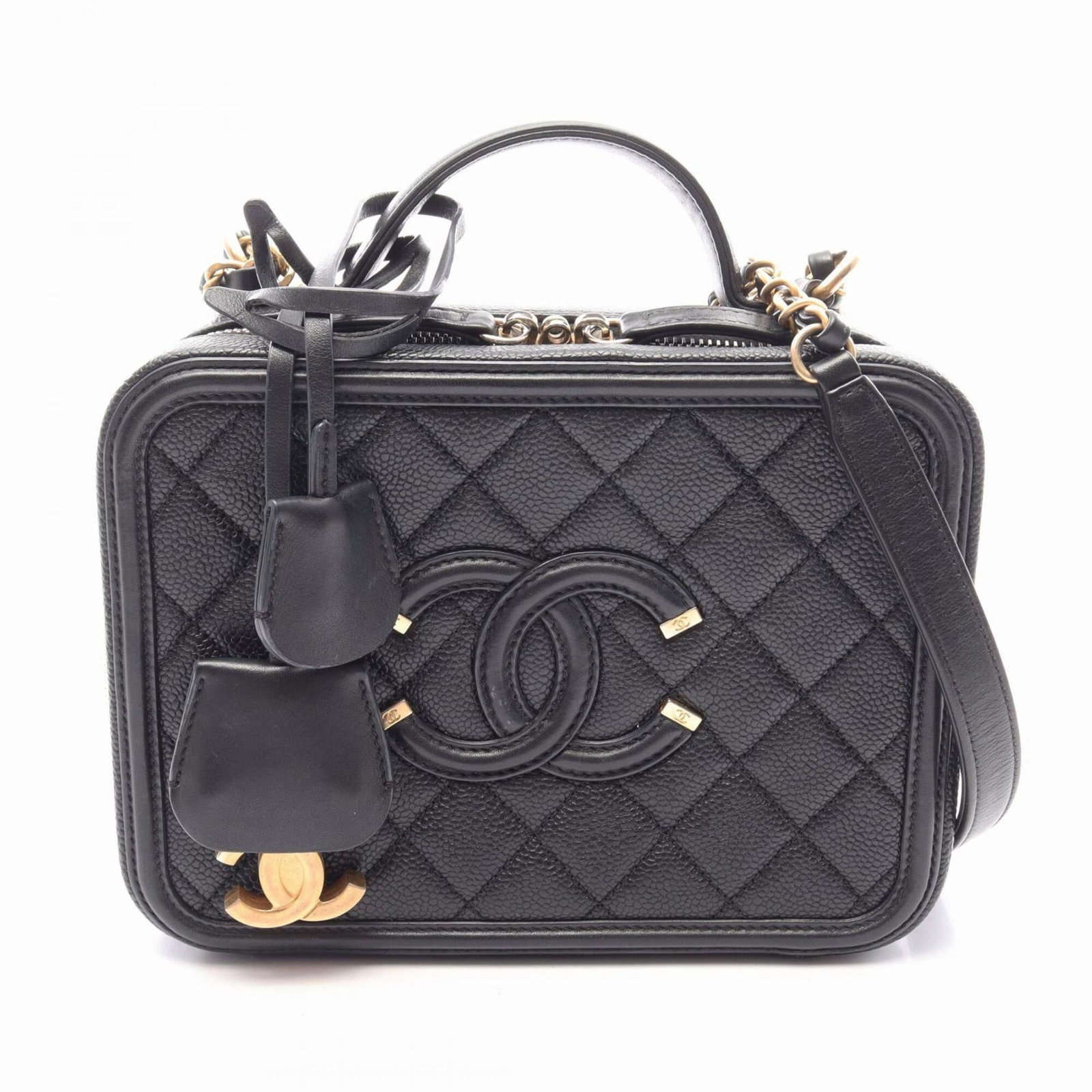 Calfskin Grained Chanel Handbag Shoulder Bag Vanity: Calfskin Grained Chanel Handbag Shoulder Bag Vanity Black Grained Calfskin Chanel Handbag Shoulder Bag Vanity with precise measurements and signature. This vanity bag features high-quality materials,
