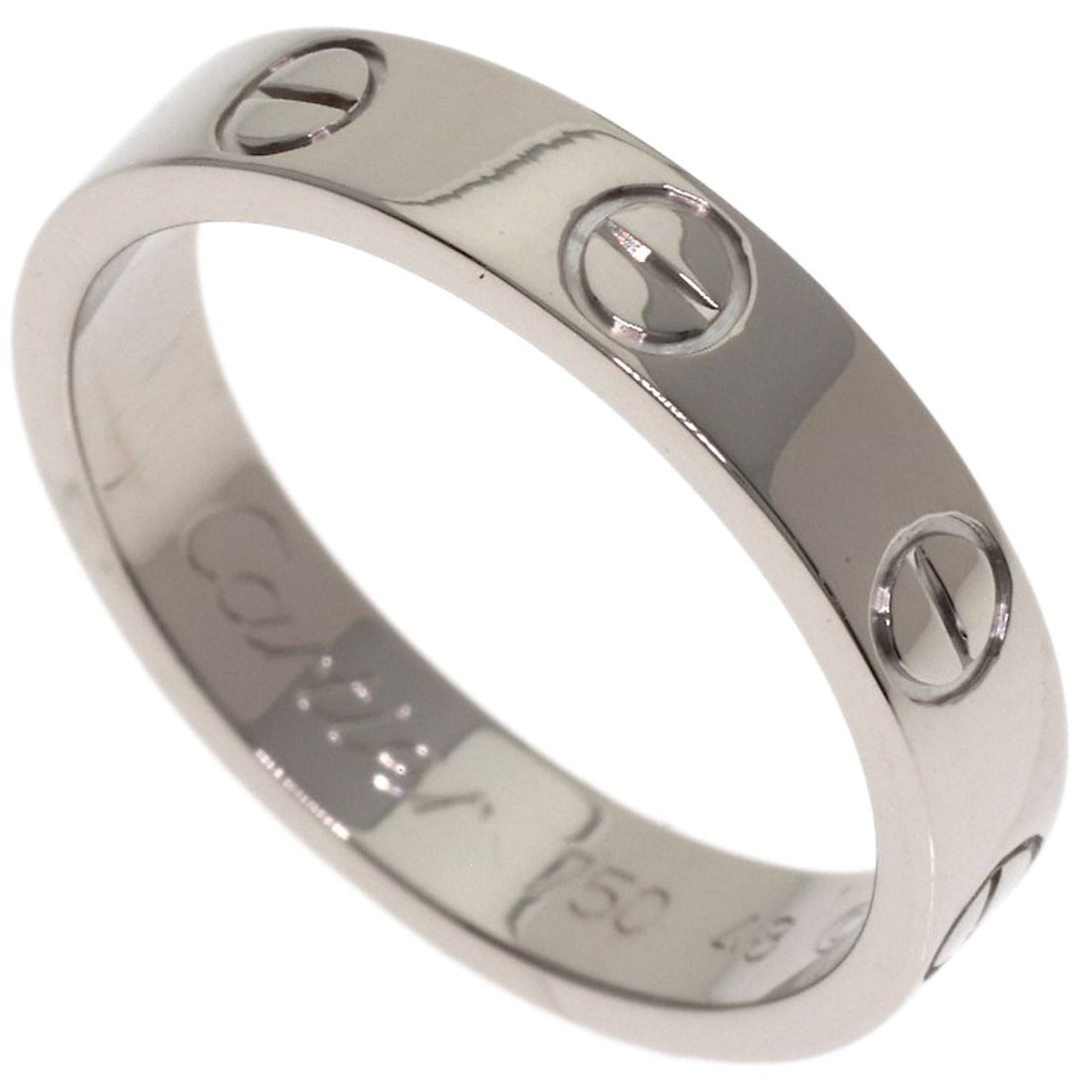 Cartier Mini Love Ring # 48 Ring K18 White Gold: Cartier Mini Love Ring # 48 Ring K18 White Gold Cartier Mini Love Ring #48 in K18 White Gold features a sleek, silver-toned design with no main stone. This elegant ring boasts the signature Cartier st