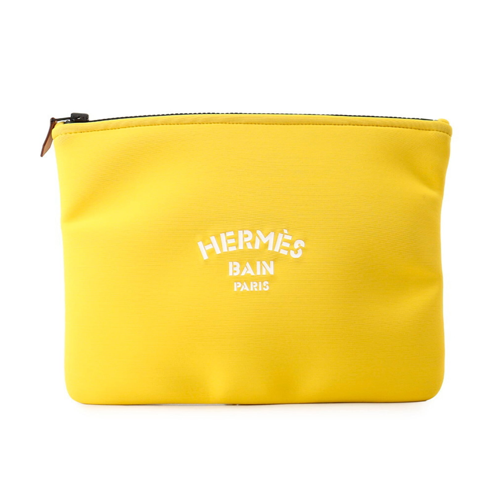Hermes Polyamide Handbag Pouch: Hermes Polyamide Handbag Pouch Yellow Polyamide Handbag Pouch from Hermes, made in France with a zipper closure. Measuring 20.5cm x 27cm / 8.07'' x 10.62'', this pouch features the iconic brand's sign