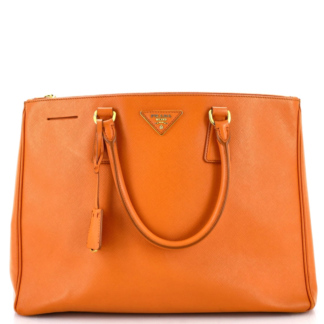 Lux Tote Saffiano Leather Large Double Prada: Lux Tote Saffiano Leather Large Double Prada Orange Saffiano Leather Lux Tote features heavy edge wear, heavy corner wear, scuffs, and minor creases. Measuring 10.5" high, 14" wide, and 6" deep, it ha