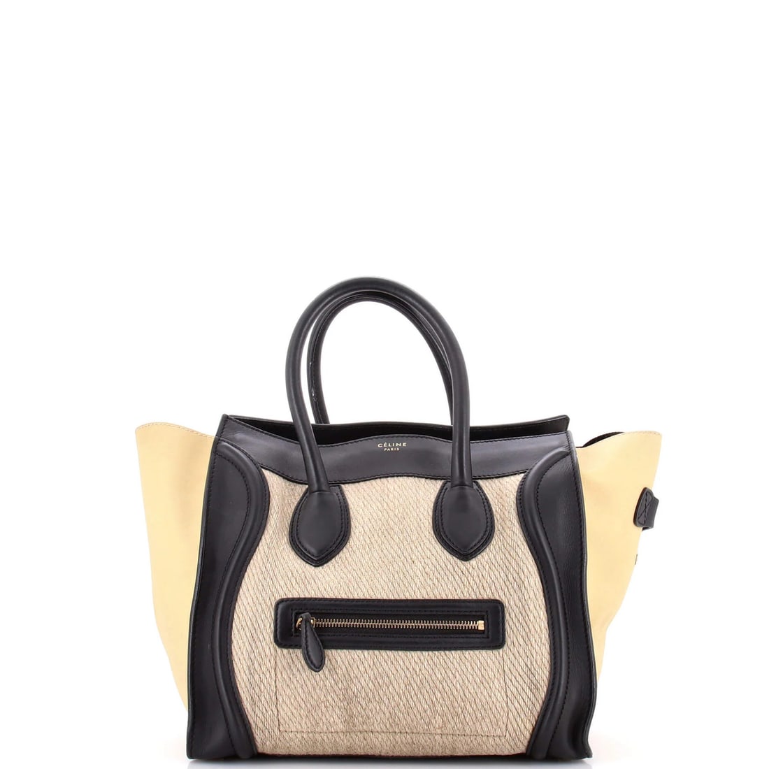 Canvas Leather Celine Bag Tricolor Luggage Mini: Canvas Leather Celine Bag Tricolor Luggage Mini Canvas and leather mini tote from Celine, featuring a neutral exterior with tricolor design. The bag measures 9" height, 12" width, and 6.5" depth,