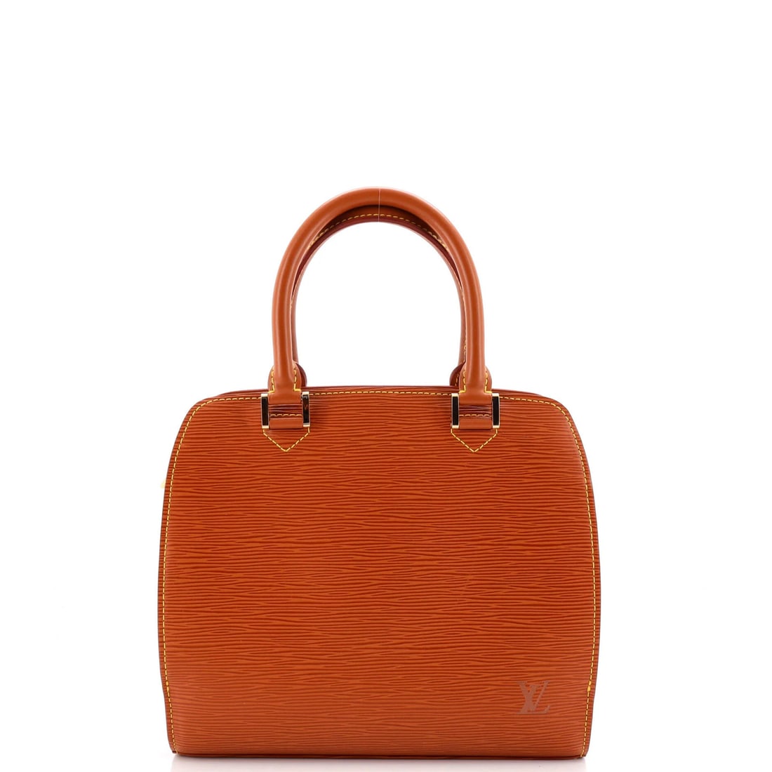 Louis Vuitton Pont Neuf Handbag Epi Leather PM: Louis Vuitton Pont Neuf Handbag Epi Leather PM Brown Louis Vuitton Pont Neuf Handbag Epi Leather PM features scuffed exterior, minor edge wear, and slight discoloration. The interior boasts
