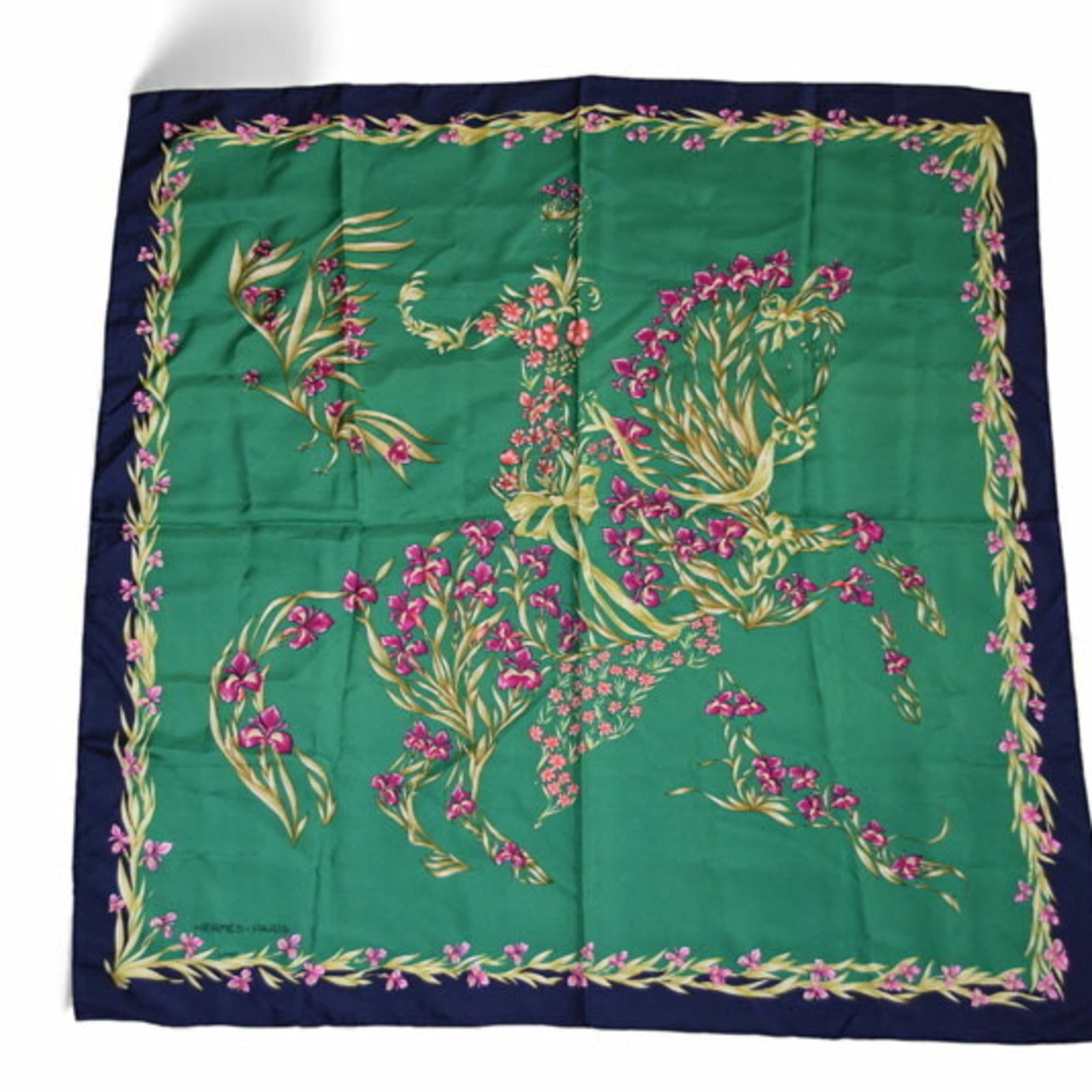 Hermes Silk Scarf: Hermes Silk Scarf Silk from France, the Hermes scarf boasts a vibrant green and navy color combination. Made with high-quality silk fabric, its 88cm x 88cm size provides a stylish accessory for women.