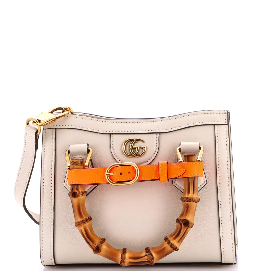 Leather Mini Handle Bamboo Gucci Tote Diana: Leather Mini Handle Bamboo Gucci Tote Diana White leather mini cross body bag with bamboo handle, featuring Gucci's signature style and excellent condition. Minor scuffs, creases, and cracking are pre
