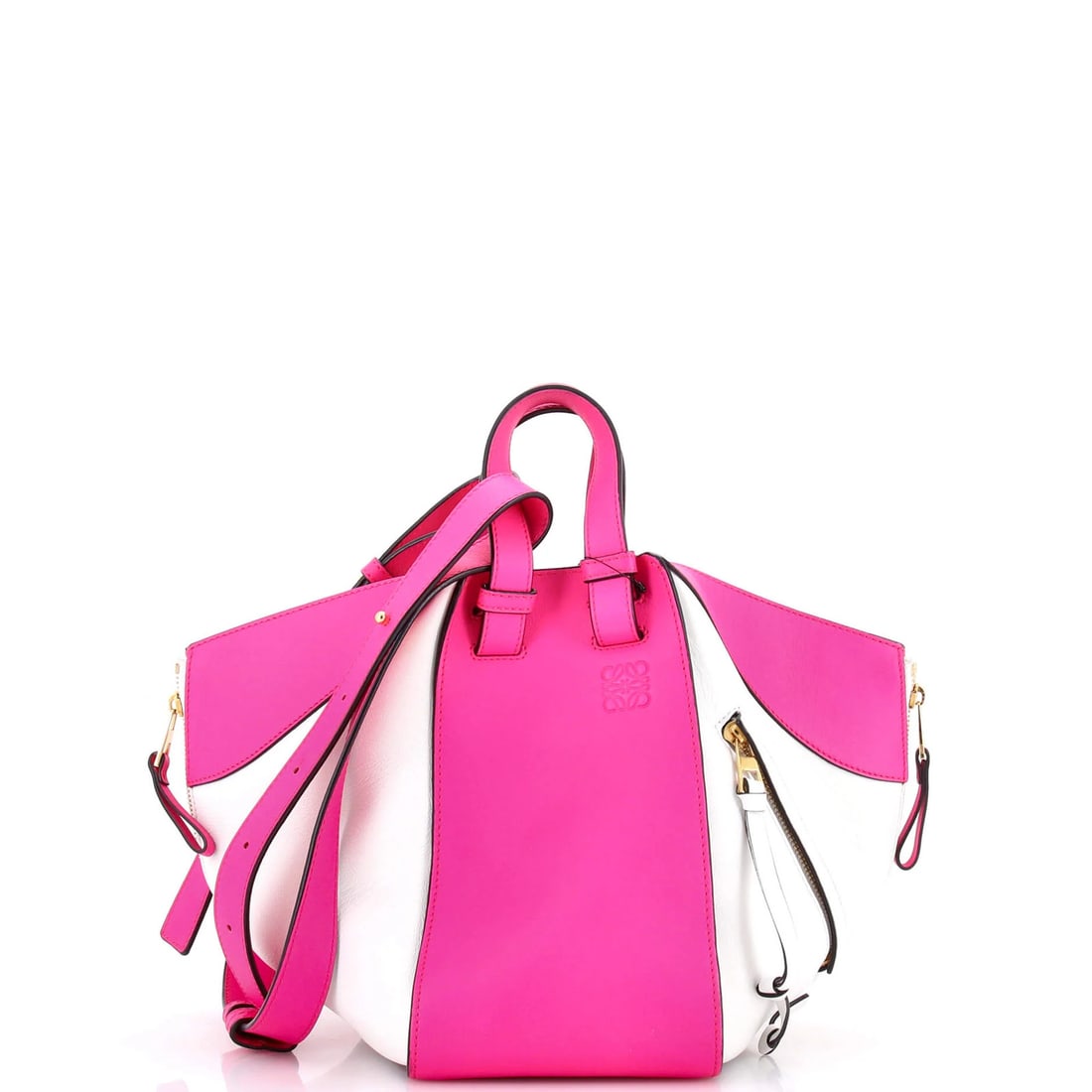 Hammock bag leather small loewe: Hammock bag leather small loewe Small Loewe Leather Hammock Bag in Pink. This pink leather shoulder bag features gold hardware and measures 10" tall, 11" wide, and 5.5" deep. With its small size and d