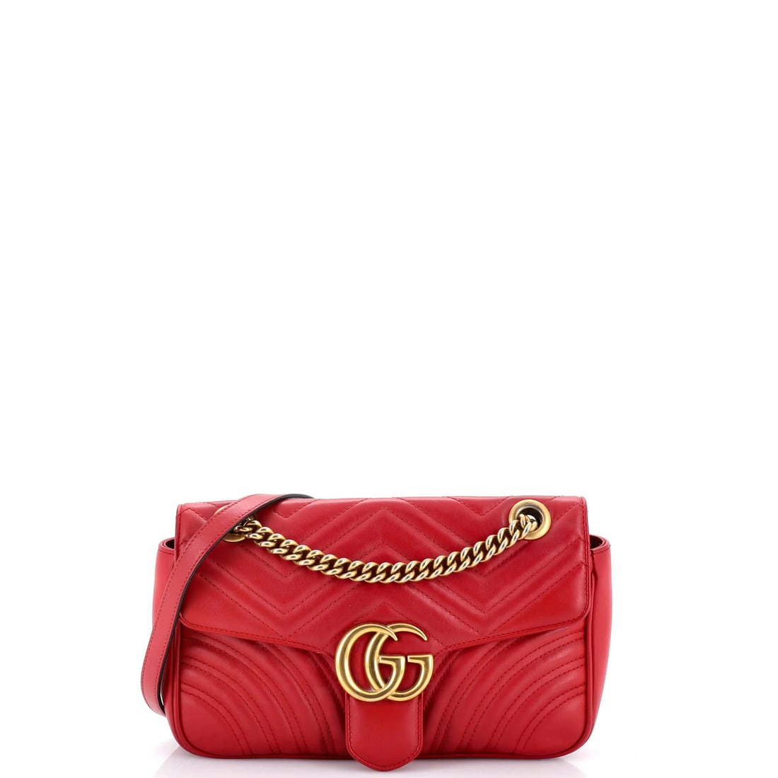 Gucci GG Marmont Flap Bag Matelasse Leather Small: Gucci GG Marmont Flap Bag Matelasse Leather Small Small Gucci GG Marmont Flap Bag in Matelasse Leather, featuring a classic cross body design with a bold red exterior. The bag measures 6" tall and 10"