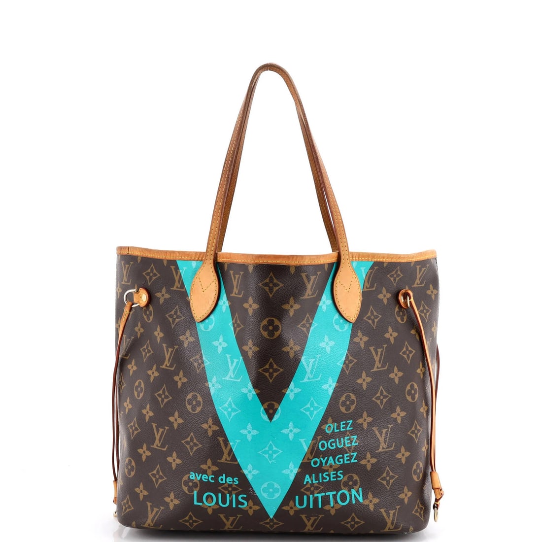 Canvas Monogram V Edition Limited Tote NM Neverfull Vuitton: Canvas Monogram V Edition Limited Tote NM Neverfull Vuitton Canvas Monogram V Edition Limited Tote in Brown, featuring the iconic Neverfull NM design with heavy edge wear and scuffs. The exterior canv