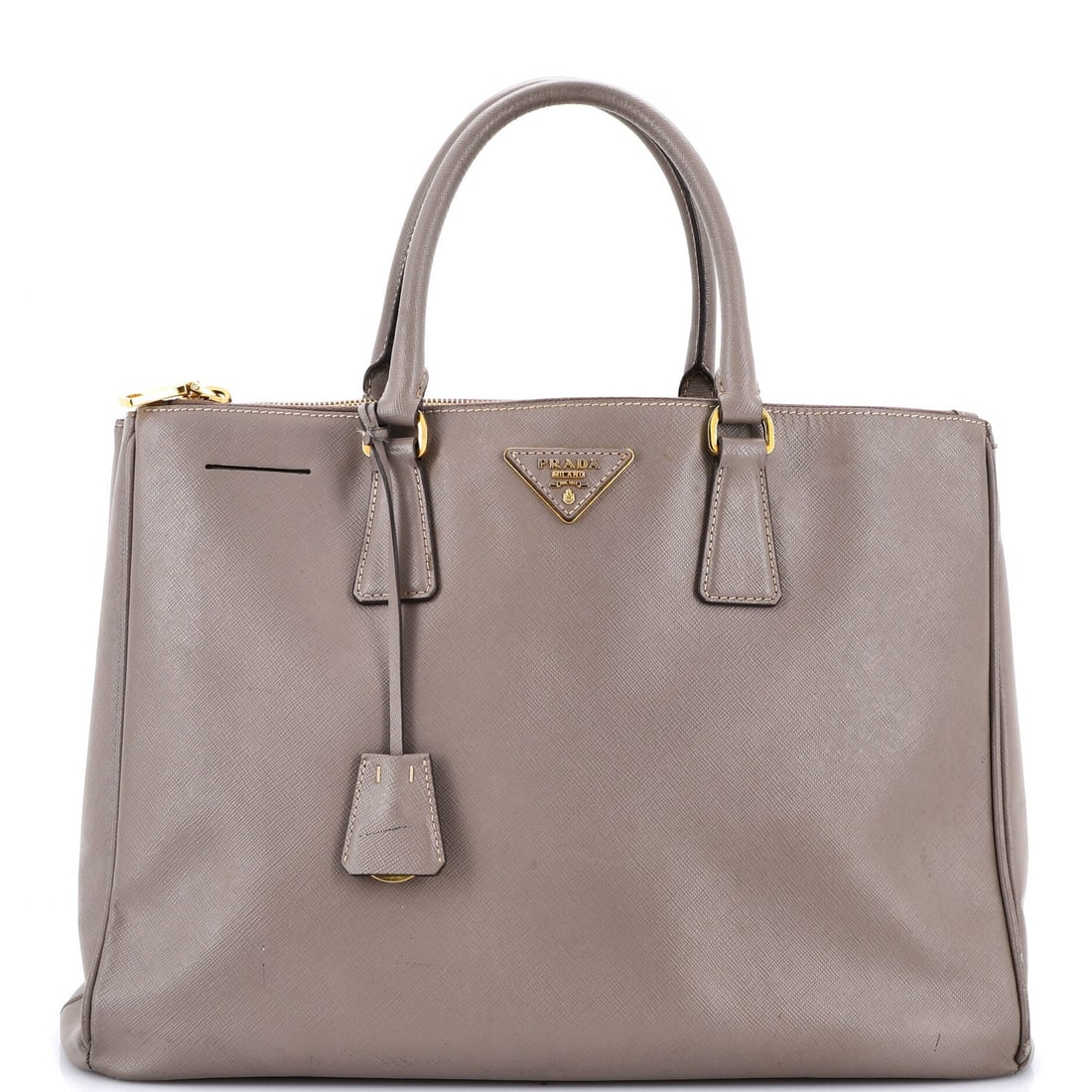 Lux Tote Saffiano Leather Large Double Prada: Lux Tote Saffiano Leather Large Double Prada Gray Saffiano Leather Lux Double Zip Tote from Prada, featuring heavy edge wear and scuffs on the exterior. This large tote measures 10.5" high, 14" wide,