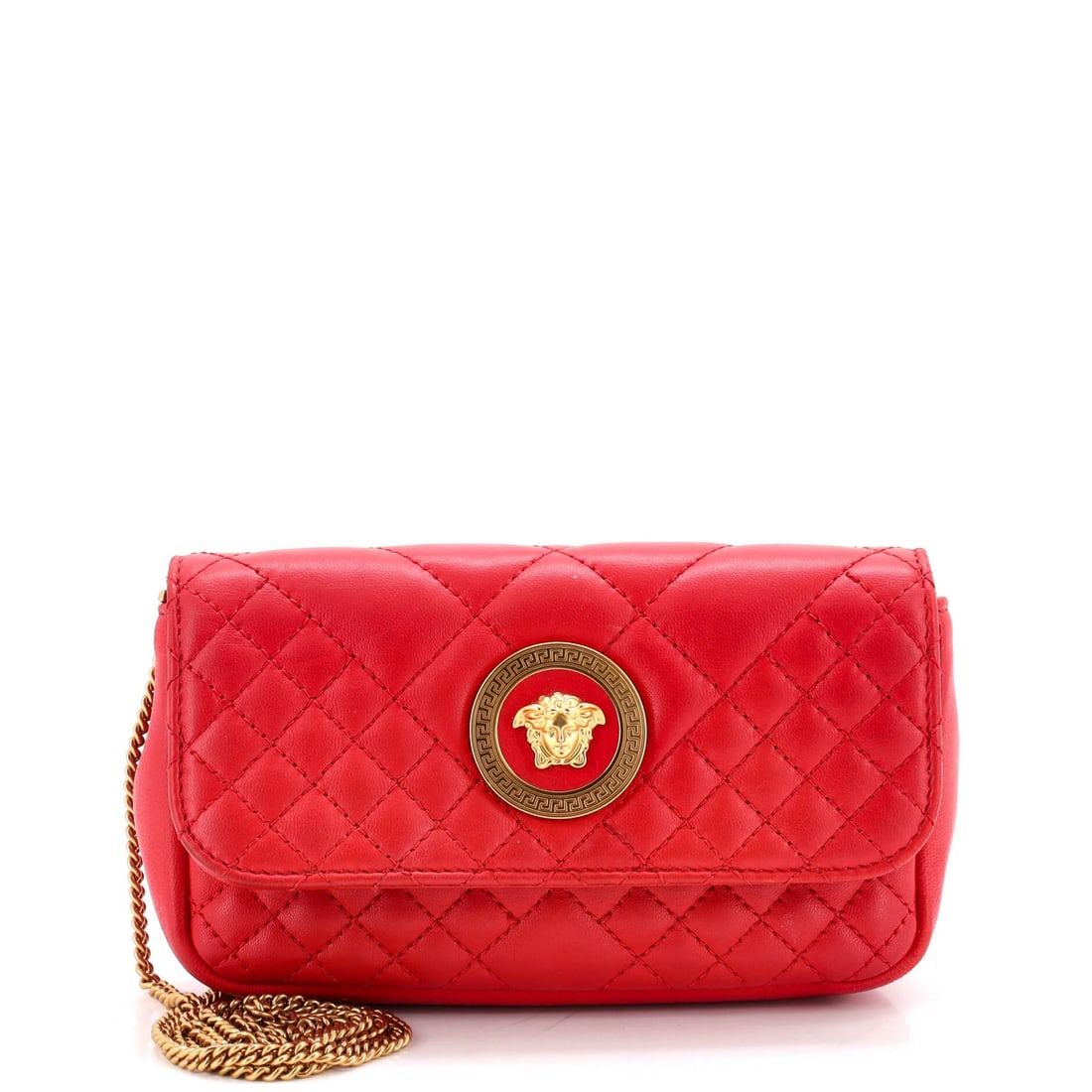 Medusa Icon Versace Leather Quilted Mini Flap Bag Chain: Medusa Icon Versace Leather Quilted Mini Flap Bag Chain The Medusa Icon Versace Leather Quilted Mini Flap Bag Chain boasts a striking red exterior with quilted leather construction, featuring the