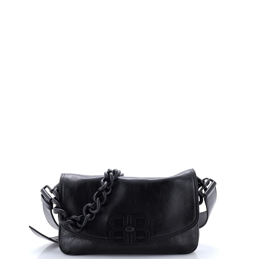 Soft flap bag leather small BB: Soft flap bag leather small BB Soft and stylish, this Balenciaga BB Soft Flap Bag features sleek black leather exterior with subtle scuffs and minor creases. Measuring just 5" tall and 9" wide, it's