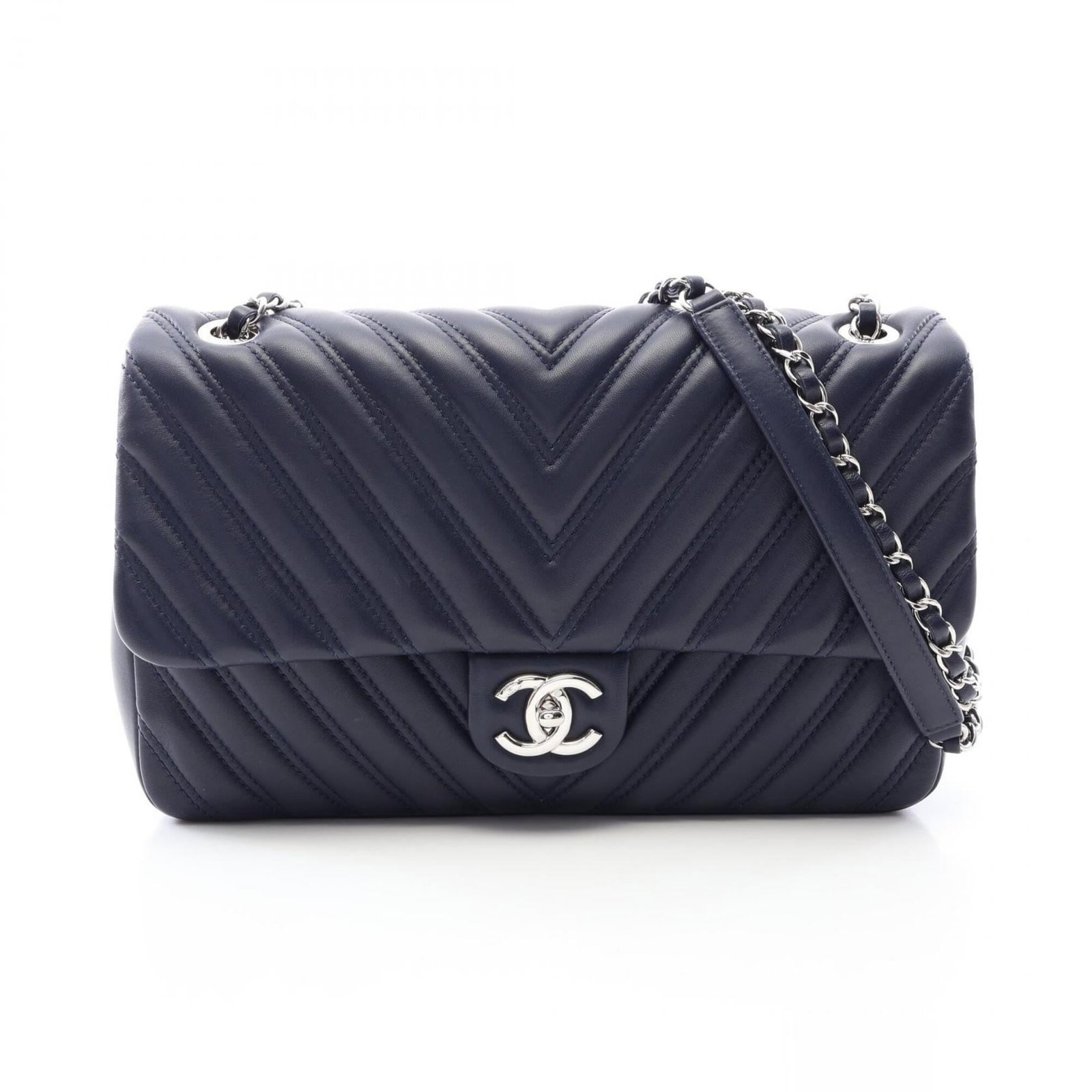 Chanel Handbag Shoulder Bag Leather: Chanel Handbag Shoulder Bag Leather Navy lambskin leather construction defines this classic Chanel shoulder bag, with clean lines and timeless design. Measuring 19cm x 29.5cm x 7cm, it offers a versat