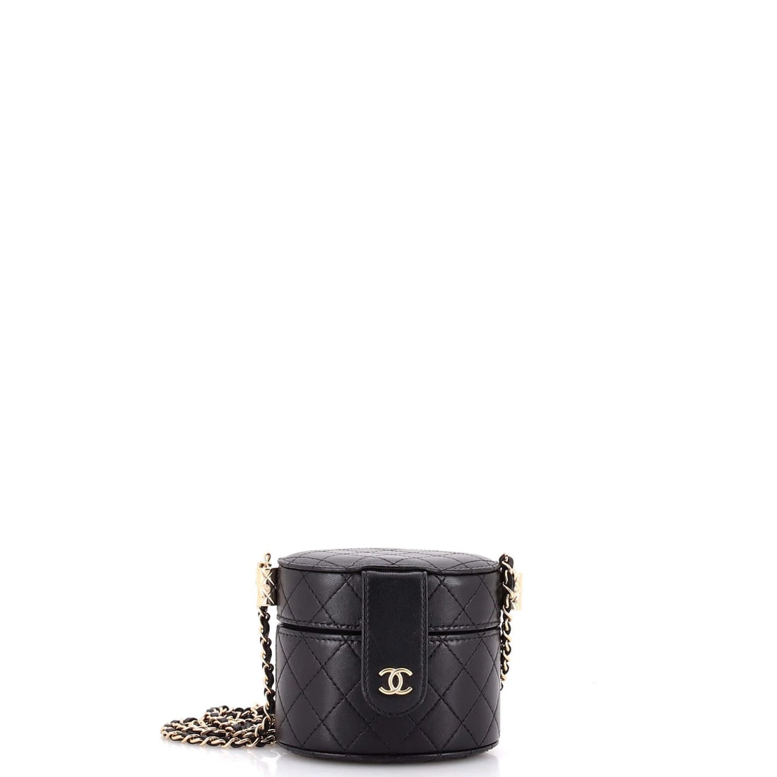 Chanel CC Allure Vanity Case with Chain Quilted Lambskin Mini: Chanel CC Allure Vanity Case with Chain Quilted Lambskin Mini Black leather CC Allure Vanity Case with Chain Quilted Lambskin Mini from Chanel, featuring a mini size and gold tone hardware. The exteri