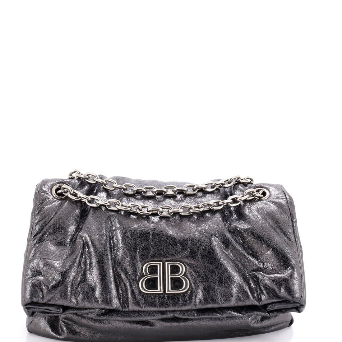 Chain flap bag leather shoulder medium Monaco Balenciaga: Chain flap bag leather shoulder medium Monaco Balenciaga Silver Monaco Balenciaga chain flap shoulder bag with medium leather exterior, featuring minor scuffs and creases. The bag measures 9" tall,