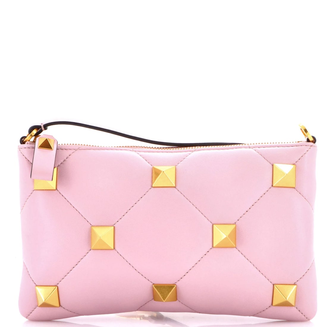 Valentino Garavani Roman Stud Zip Leather Pochette Mini Quilted: Valentino Garavani Roman Stud Zip Leather Pochette Mini Quilted Pink Valentino Garavani Roman Stud Zip Leather Pochette Mini Quilted, featuring quilted leather exterior and interior in matching pink