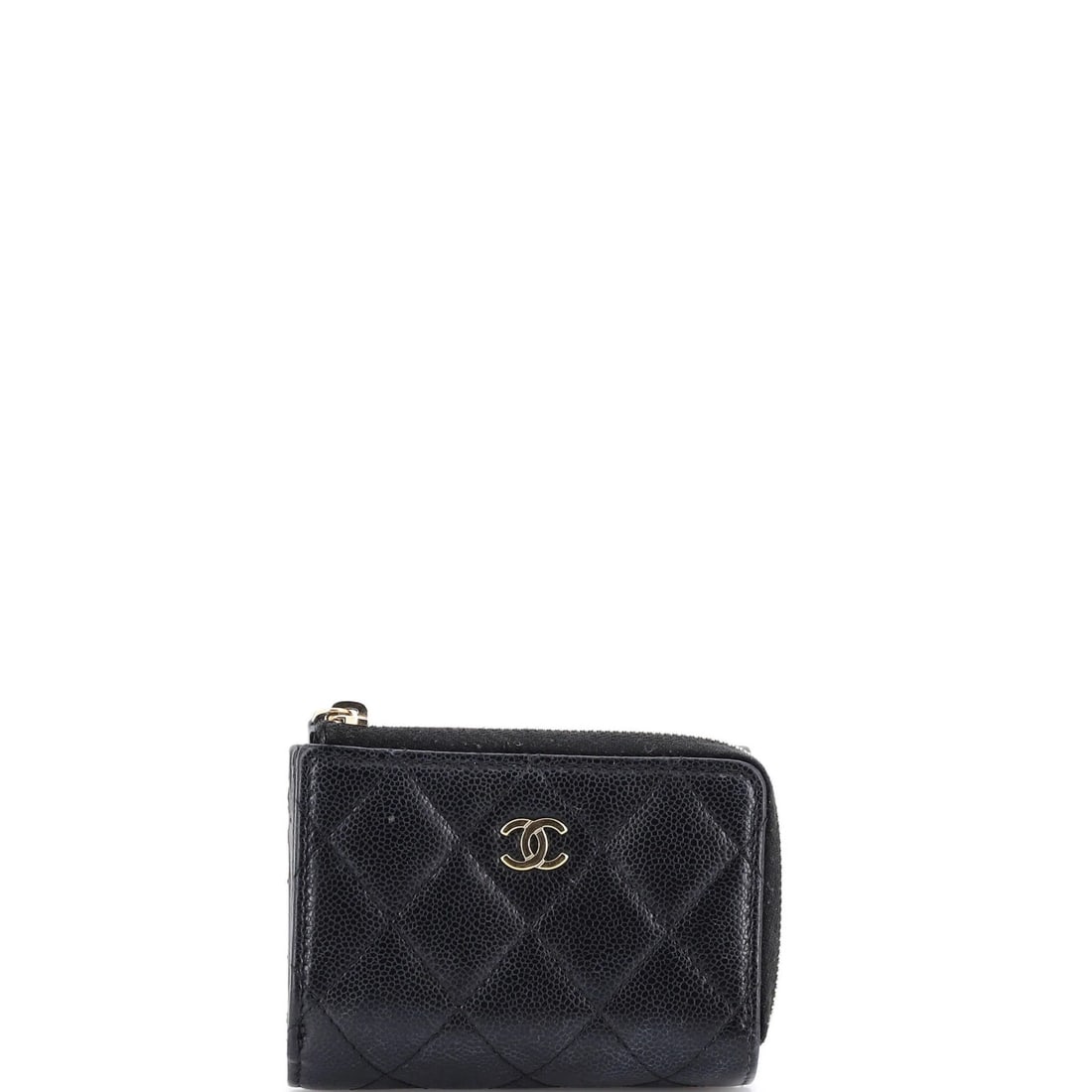 Quilted Wallet Compact Caviar Zip Chanel CC: Quilted Wallet Compact Caviar Zip Chanel CC Compact and stylish, the Quilted Caviar Zip Chanel CC wallet features a black leather exterior with gold tone hardware. With its quilted design and trifold