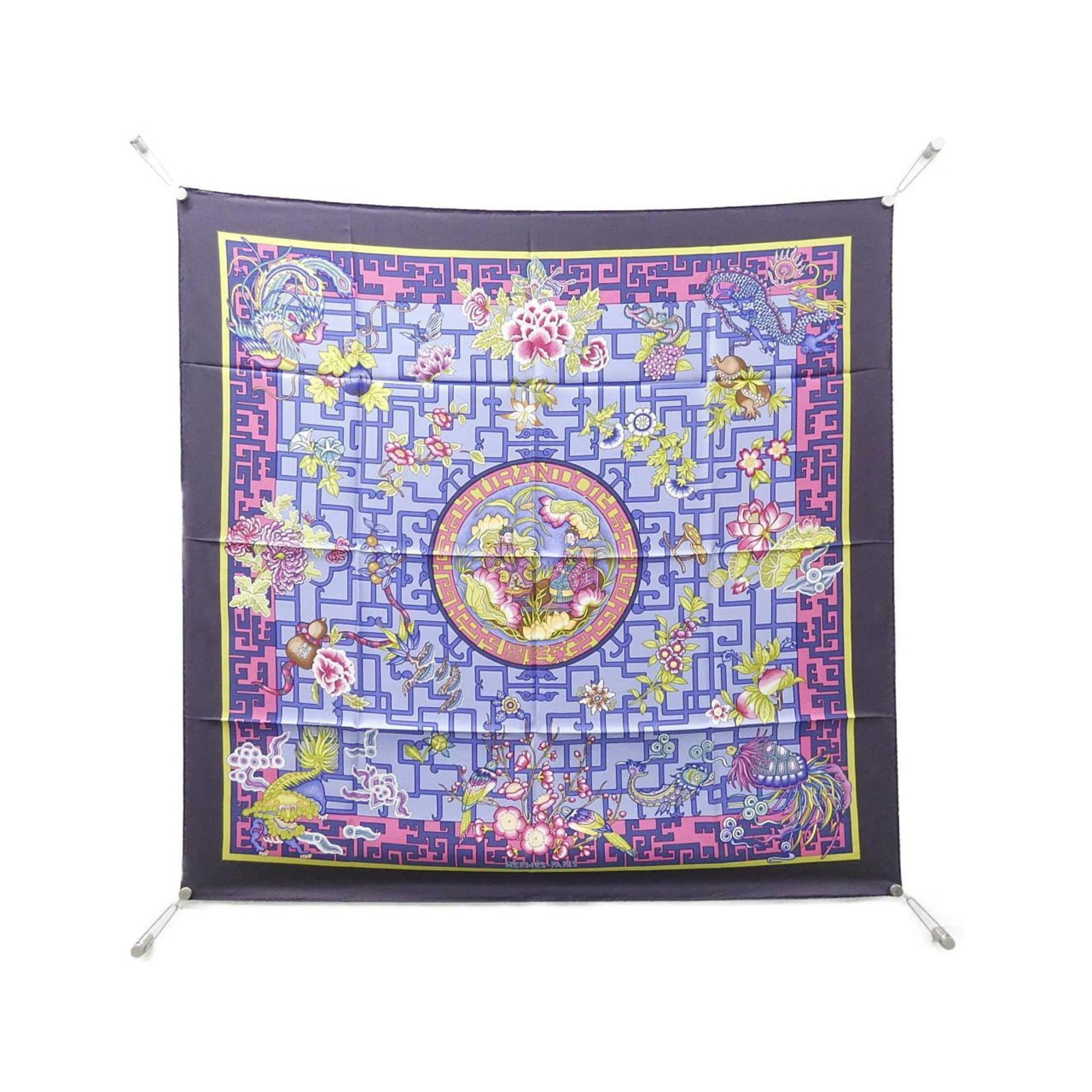 Hermes Silk Scarf: Hermes Silk Scarf Silk scarf from renowned luxury brand Hermes, featuring a rich purple and violet color palette. Measuring 90cm x 90cm in size, it showcases the exceptional craftsmanship and attentio