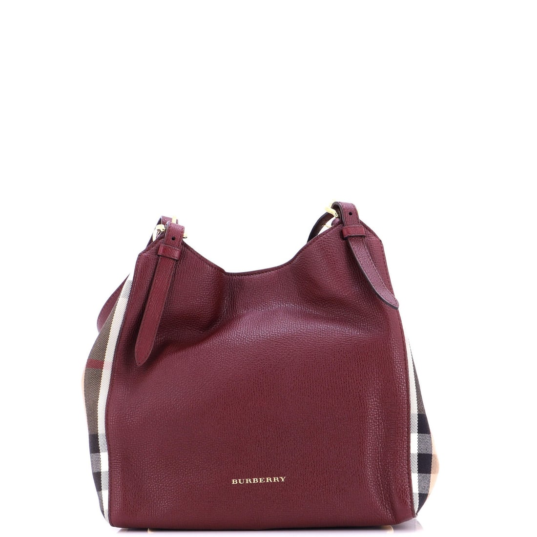 House Leather Burberry Check Tote Canvas Small: House Leather Burberry Check Tote Canvas Small Burgundy canvas and plain leather Burberry House Check Tote in small size, featuring creased exterior with minor scuffs and discoloration. The tote