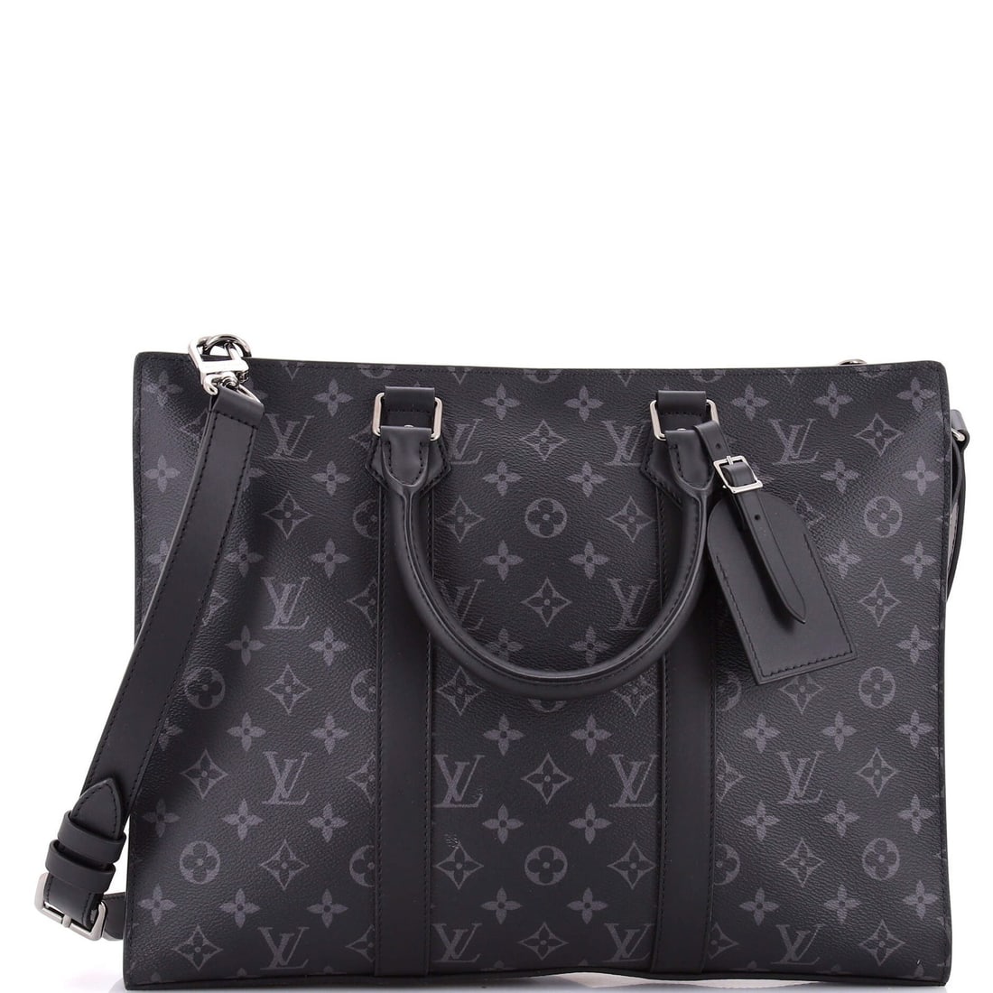 Zipper Monogram Eclipse Canvas Horizontal Sac Tote Louis Vuitton Plat: Zipper Monogram Eclipse Canvas Horizontal Sac Tote Louis Vuitton Plat Black canvas coated Sac Plat Zipper Tote with Monogram Eclipse design, featuring a horizontal silhouette and zippered closure.