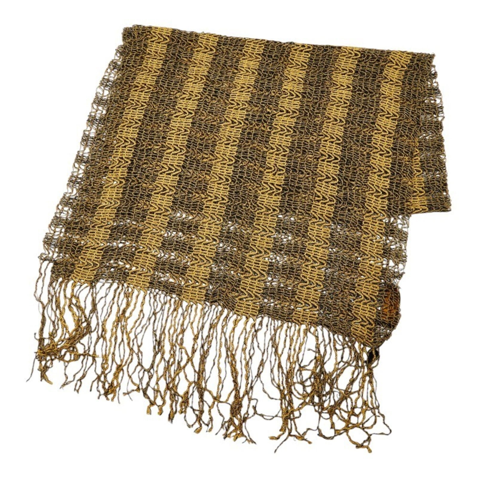 Fendi Stole Rayon: Fendi Stole Rayon The Fendi Stole Rayon boasts striking black and yellow hues, showcasing the luxurious feel of high-quality rayon fabric. Spanning an impressive 1.8m x 48cm in size, this stole is a s