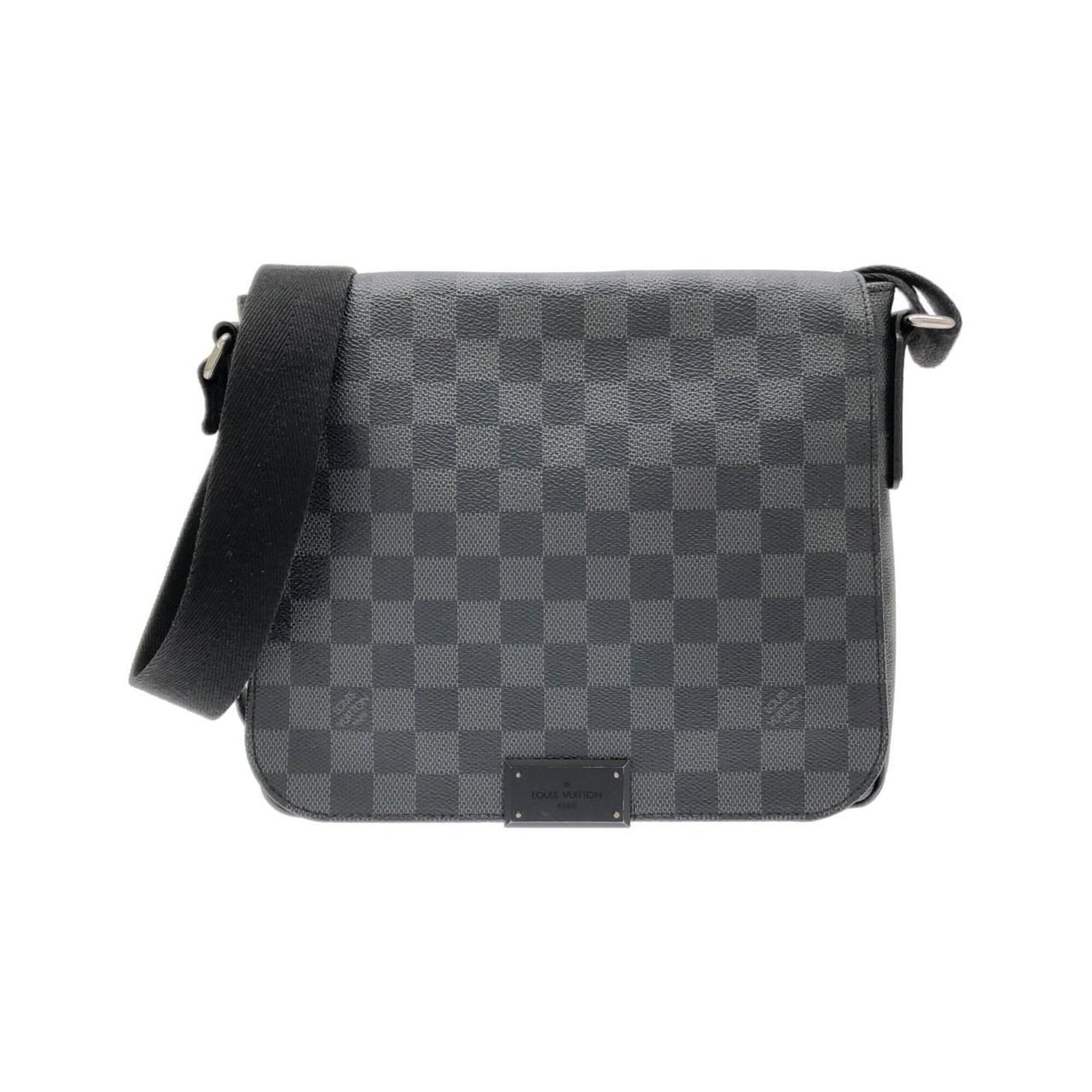 Shoulder bag coated canvas by Louis Vuitton: Shoulder bag coated canvas by Louis Vuitton Coated canvas by Louis Vuitton, featuring graphite color and silver hardware. This shoulder bag measures 23cm x 27cm x 6cm, making it a compact yet stylish 