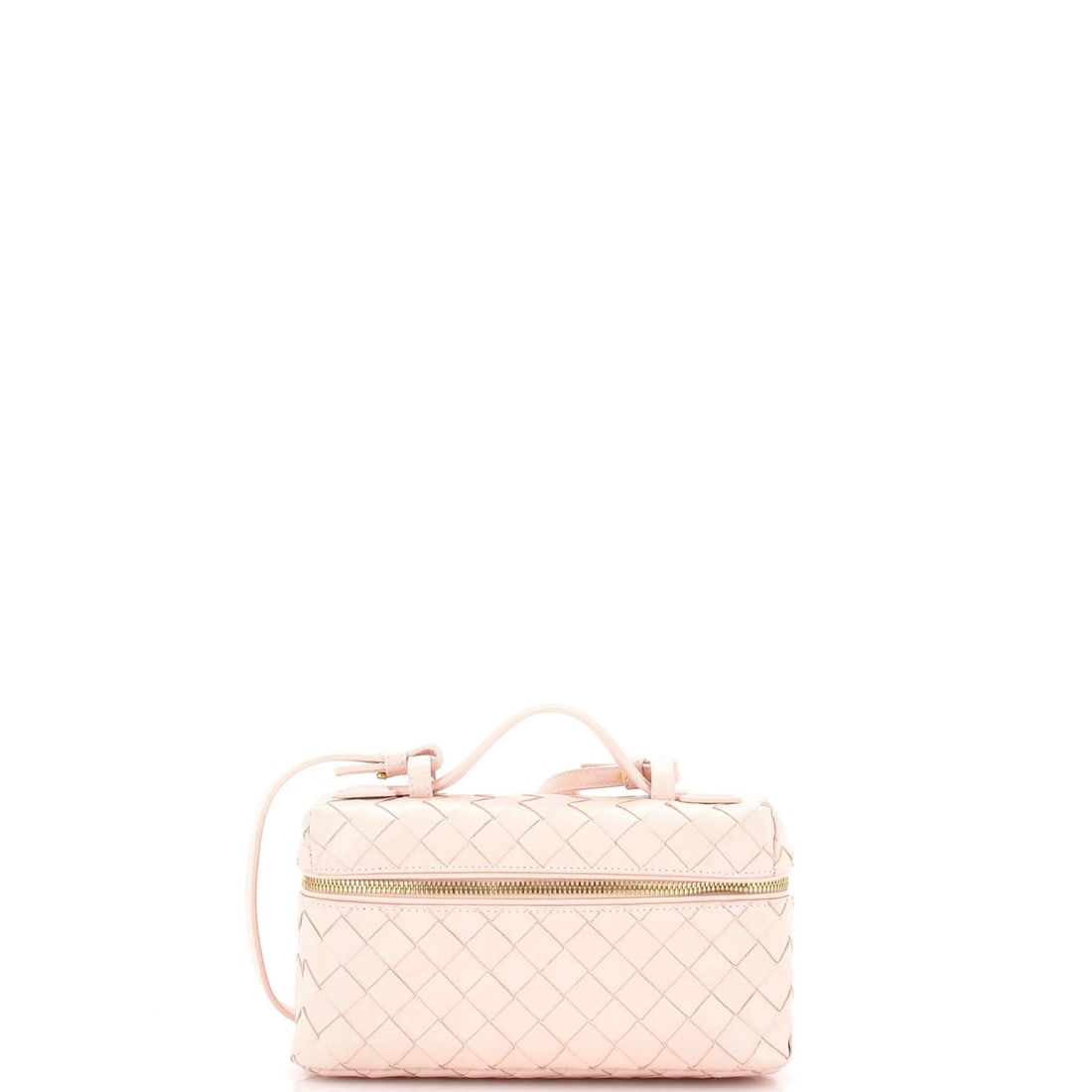 Intrecciato Leather Vanity Case Bang Bottega: Intrecciato Leather Vanity Case Bang Bottega Pink Intrecciato Leather Bang Bottega Vanity Case with Gold Hardware. This cross body bag features a unique pink exterior made from high-quality leather,