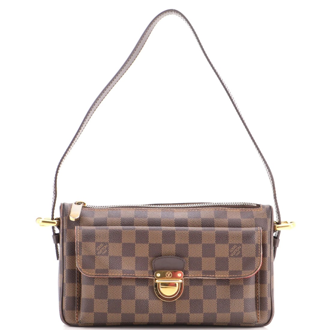 Handbag Damier Louis Vuitton Ravello GM: Handbag Damier Louis Vuitton Ravello GM Brown canvas coated Louis Vuitton Ravello GM shoulder bag with gold hardware, featuring a Damier pattern and microfiber red interior. The bag has some signs of