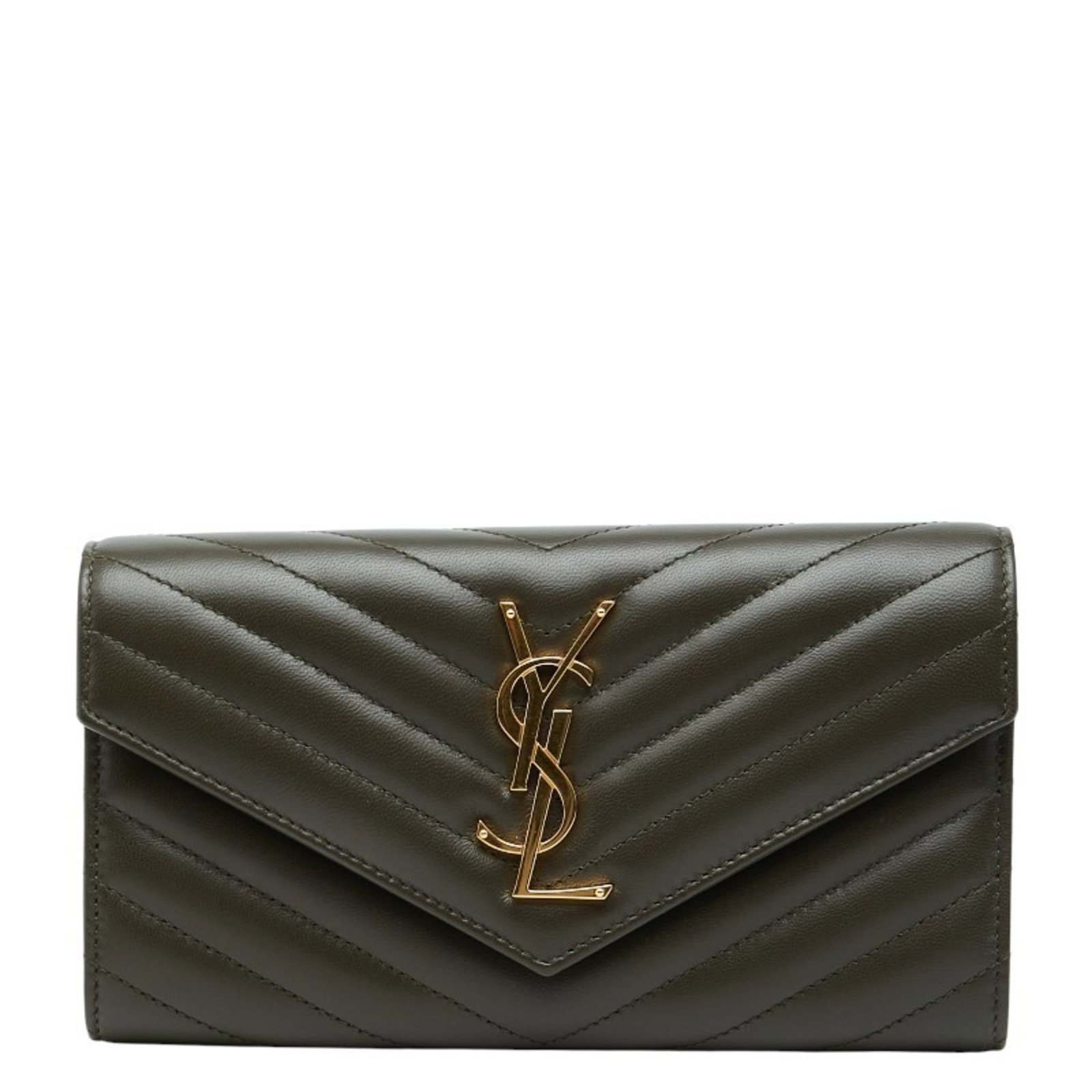 Saint Laurent Wallet Long Bi Fold Leather: Saint Laurent Wallet Long Bi Fold Leather The Saint Laurent Wallet Long Bi Fold Leather features a classic design with a khaki color and snap fastener closure. This long wallet has an inner coin