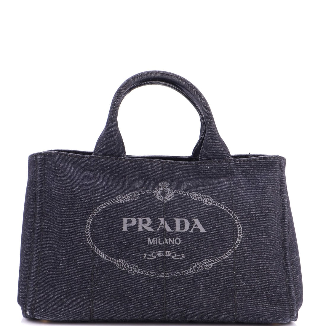 Tote canapa denim large Prada: Tote canapa denim large Prada Large Canapa Denim Prada Tote in Blue. This spacious tote features a durable denim exterior with gold hardware and a roomy interior, complete with minor scuffs and discol