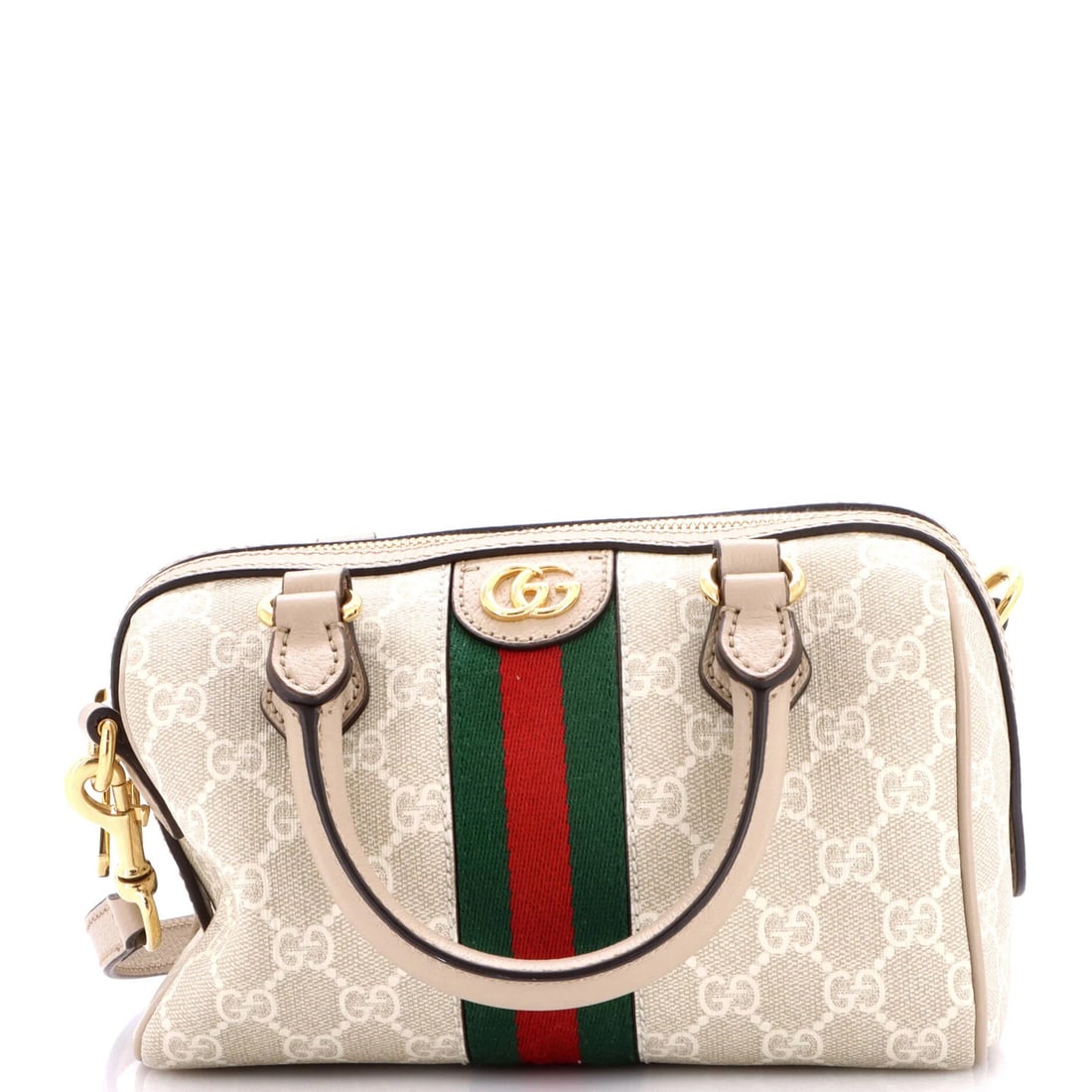 Gucci Ophidia Convertible Boston Bag GG Coated Canvas Mini: Gucci Ophidia Convertible Boston Bag GG Coated Canvas Mini The Gucci Ophidia Convertible Boston Bag GG Coated Canvas Mini boasts a sleek, white exterior with subtle touches up on wax edges and minor s