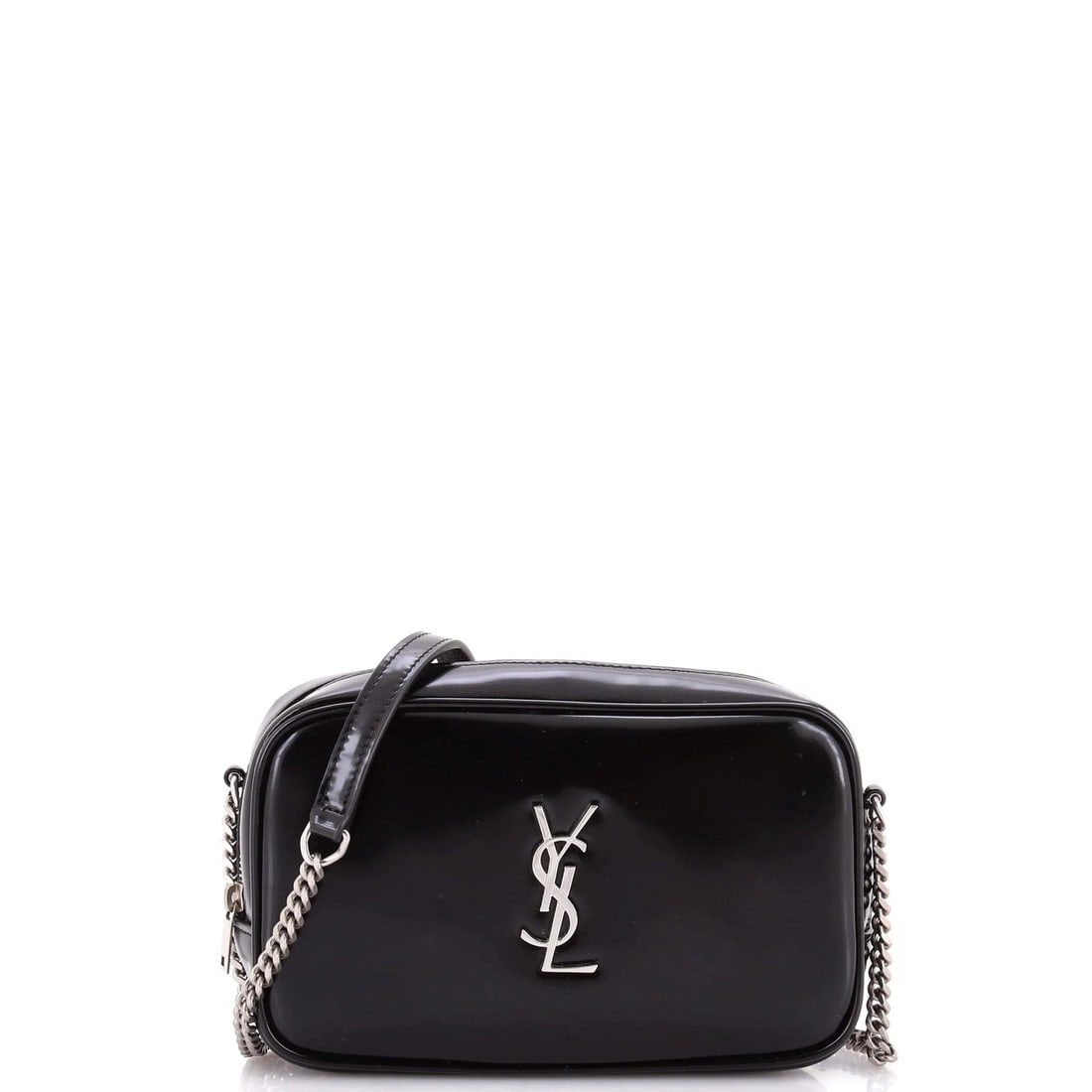 Lou Camera Bag Mini Leather Saint Laurent: Lou Camera Bag Mini Leather Saint Laurent Miniature Saint Laurent leather cross body bag with silver hardware, featuring a black exterior and interior. The bag has undergone wear and tear, with scuffs