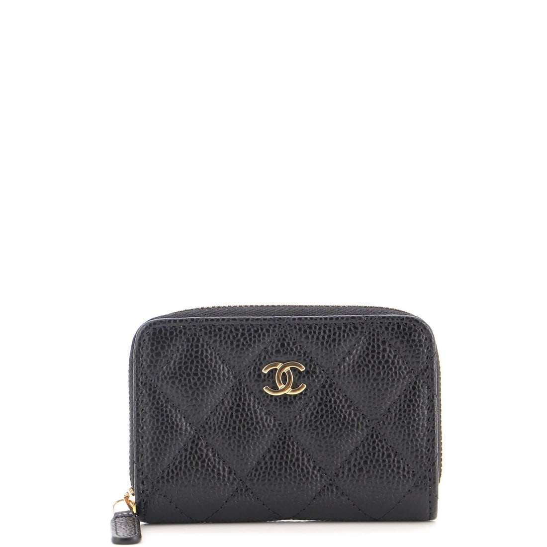 Chanel Zip Coin Purse Small Quilted Caviar: Chanel Zip Coin Purse Small Quilted Caviar Small, quilted Caviar coin purse from Chanel's iconic Zip Coin Purse collection, crafted in black leather with gold hardware and a burgundy interior. Measuri