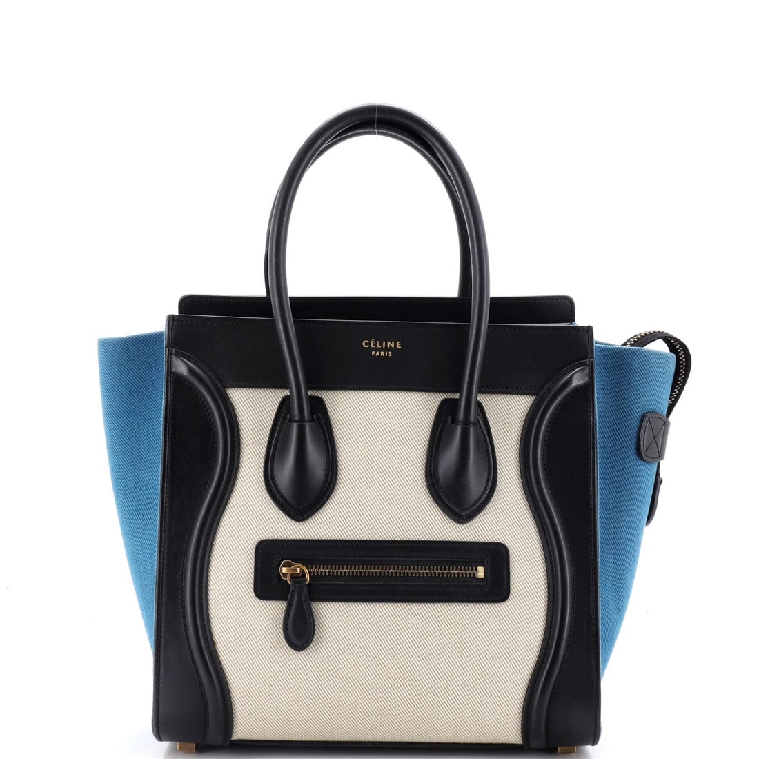 Canvas Leather Micro Luggage Celine Bag: Canvas Leather Micro Luggage Celine Bag Canvas Leather Micro Luggage Celine Bag - A stylish and compact tote in neutral black leather exterior with blue accents, featuring canvas interior and aged gol